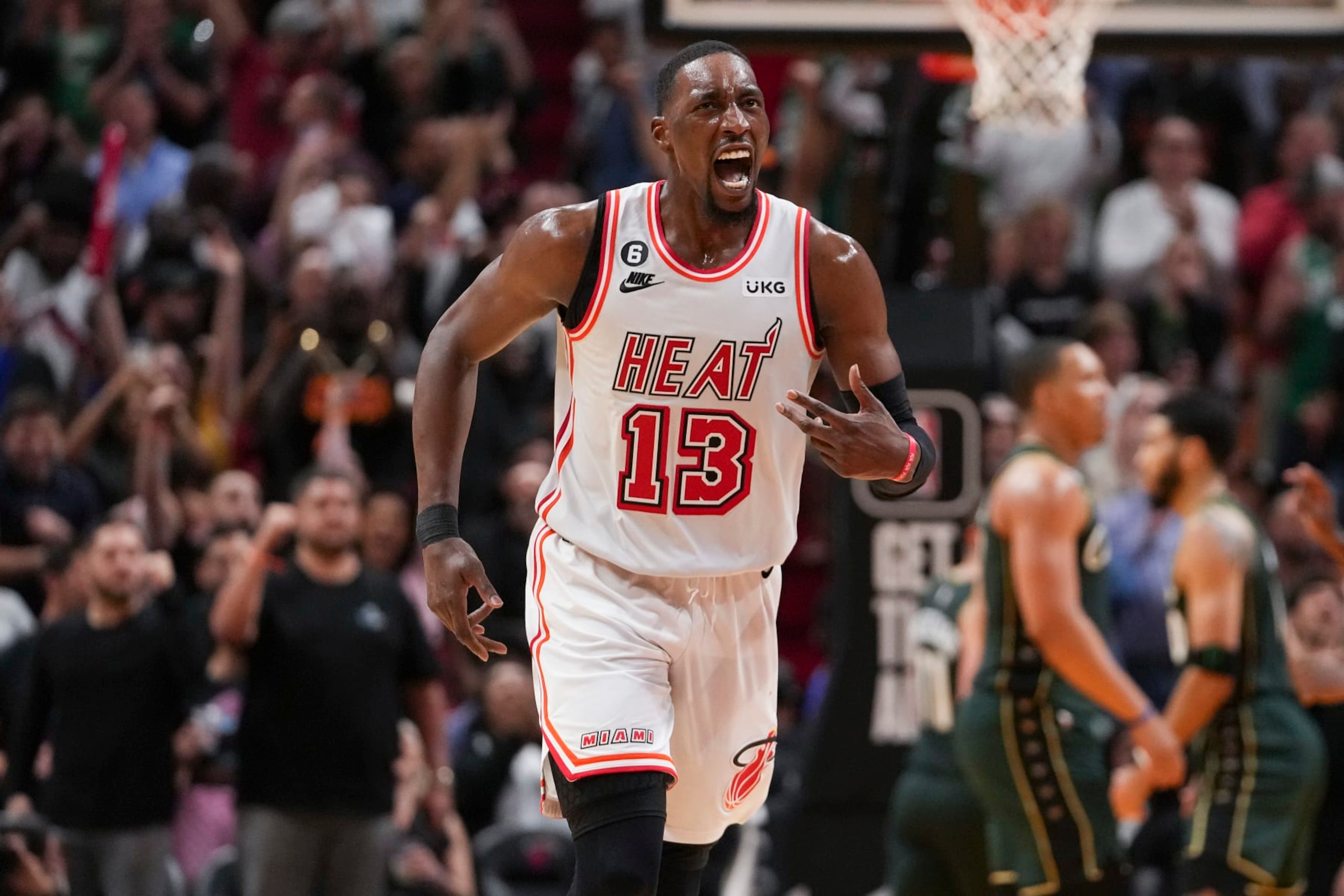 MIAMI, FLORIDA - JANUARY 24: Bam Adebayo #13 of the Miami Heat reacts after scoring during the second half of the game against the Boston Celtics at Miami-Dade Arena on January 24, 2023 in Miami, Florida. NOTE TO USER: User expressly acknowledges and agrees that, by downloading and or using this photograph, User is consenting to the terms and conditions of the Getty Images License Agreement. (Photo by Eric Espada/Getty Images) MIAMI, FLORIDA - JANUARY 24: Bam Adebayo #13 of the Miami Heat reacts after scoring during the second half of the game against the Boston Celtics at Miami-Dade Arena on January 24, 2023 in Miami, Florida. NOTE TO USER: User expressly acknowledges and agrees that, by downloading and or using this photograph, User is consenting to the terms and conditions of the Getty Images License Agreement. (Photo by Eric Espada/Getty Images)