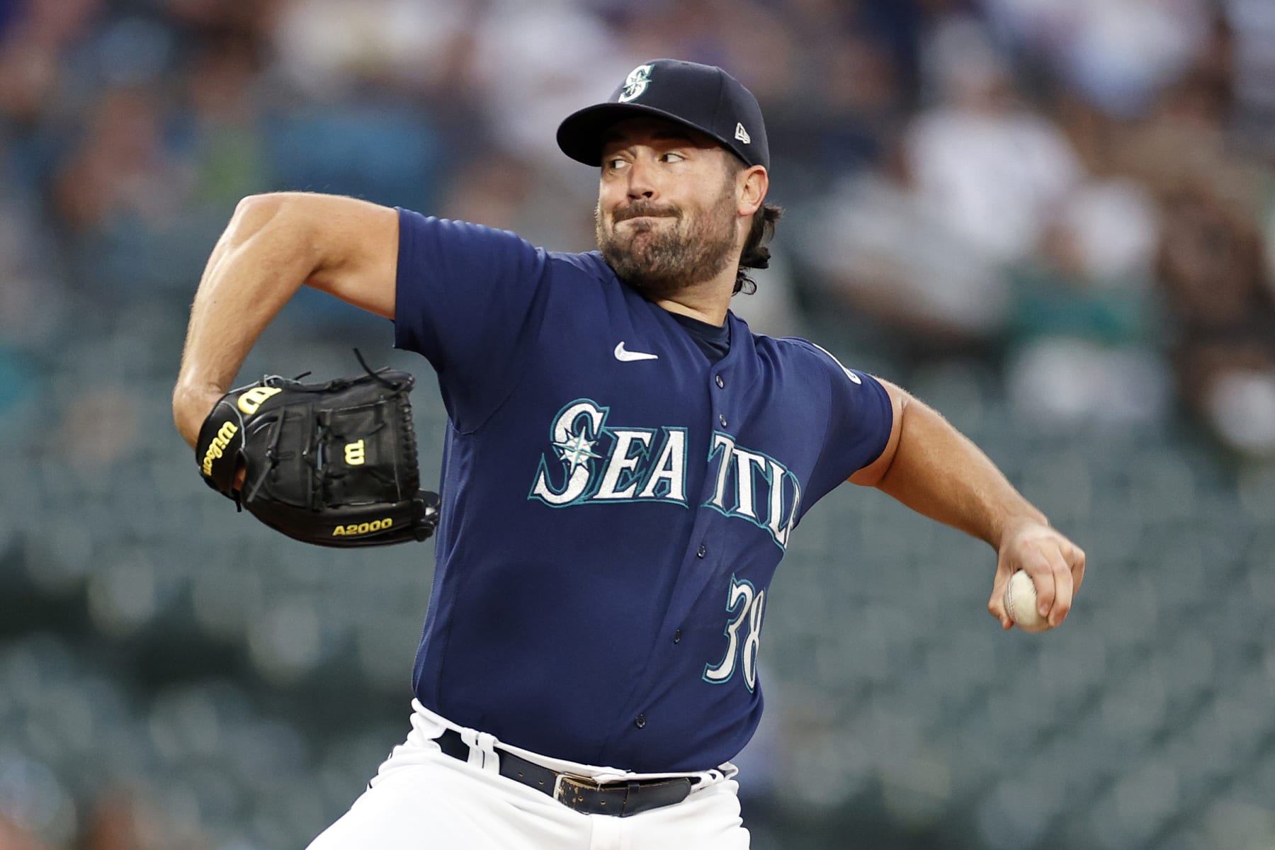 SEATTLE, WASHINGTON - SEPTEMBER 27: Robbie Ray #38 of the Seattle Mariners pitches during the first inning against the Texas Rangers at T-Mobile Park on September 27, 2022 in Seattle, Washington. (Photo by Steph Chambers/Getty Images)