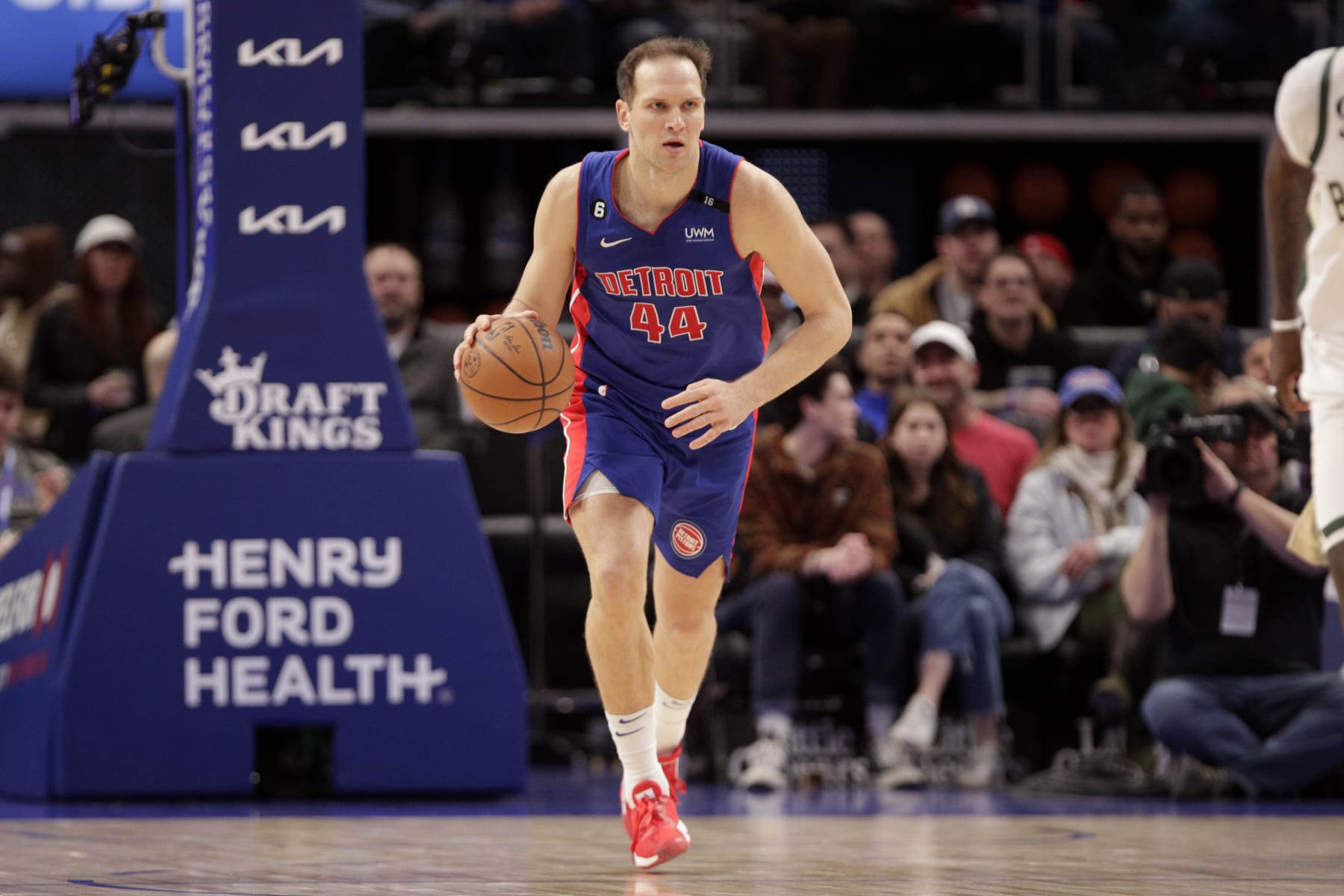 DETROIT, MI - JANUARY 23: Bojan Bogdanovic #44 of the Detroit Pistons dribbles the ball during the game against the Milwaukee Bucks on January 23, 2023 at Little Caesars Arena in Detroit, Michigan. NOTE TO USER: User expressly acknowledges and agrees that, by downloading and/or using this photograph, User is consenting to the terms and conditions of the Getty Images License Agreement. Mandatory Copyright Notice: Copyright 2023 NBAE (Photo by Brian Sevald/NBAE via Getty Images)