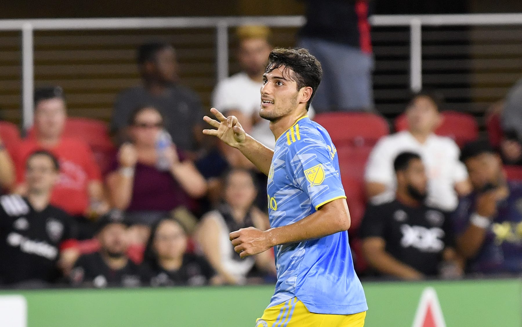 WASHINGTON, DC - AUGUST 20: Philadelphia Union forward Julian Carranza (9) celebrates after his third goal of the game during the Philadelphia Union versus D.C. United Major League Soccer (MLS) game on August 20, 2022 at Audi Field in Washington, D.C.. (Photo by Randy Litzinger/Icon Sportswire via Getty Images)