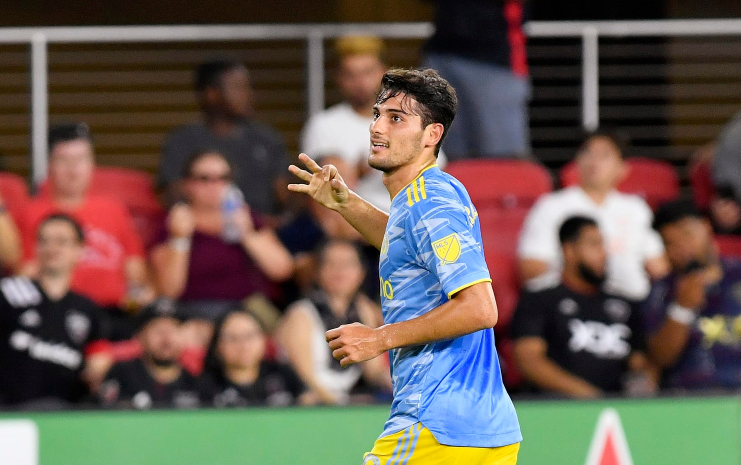 WASHINGTON, DC - AUGUST 20: Philadelphia Union forward Julian Carranza (9) celebrates after his third goal of the game during the Philadelphia Union versus D.C. United Major League Soccer (MLS) game on August 20, 2022 at Audi Field in Washington, D.C.. (Photo by Randy Litzinger/Icon Sportswire via Getty Images)