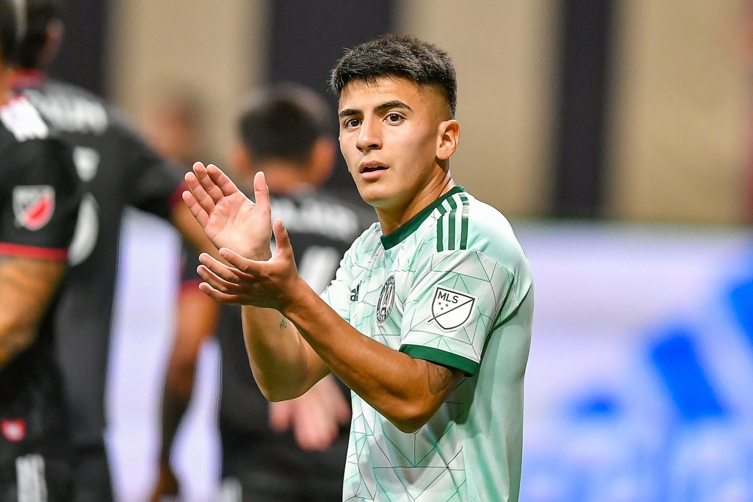 ATLANTA, GA  AUGUST 28:  Atlanta midfielder Thiago Almada (8) applauds a teammate during the MLS match between D.C. United and Atlanta United FC on August 28th, 2022 at Mercedes-Benz Stadium in Atlanta, GA.  (Photo by Rich von Biberstein/Icon Sportswire via Getty Images)