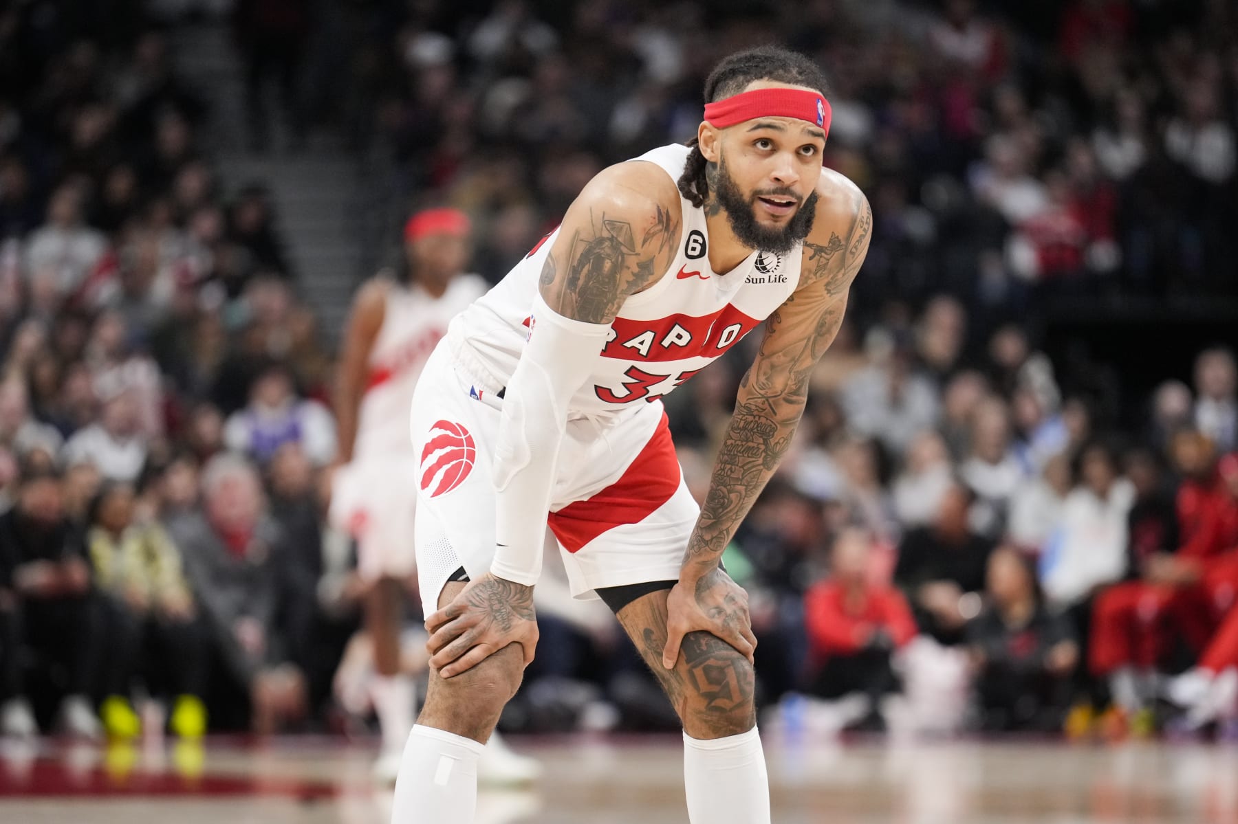TORONTO, ON - JANUARY 22: Gary Trent Jr. #33 of the Toronto Raptors looks on against the New York Knicks during the second half of their basketball game at the Scotiabank Arena on January 22, 2023 in Toronto, Ontario, Canada. NOTE TO USER: User expressly acknowledges and agrees that, by downloading and/or using this Photograph, user is consenting to the terms and conditions of the Getty Images License Agreement. (Photo by Mark Blinch/Getty Images)
