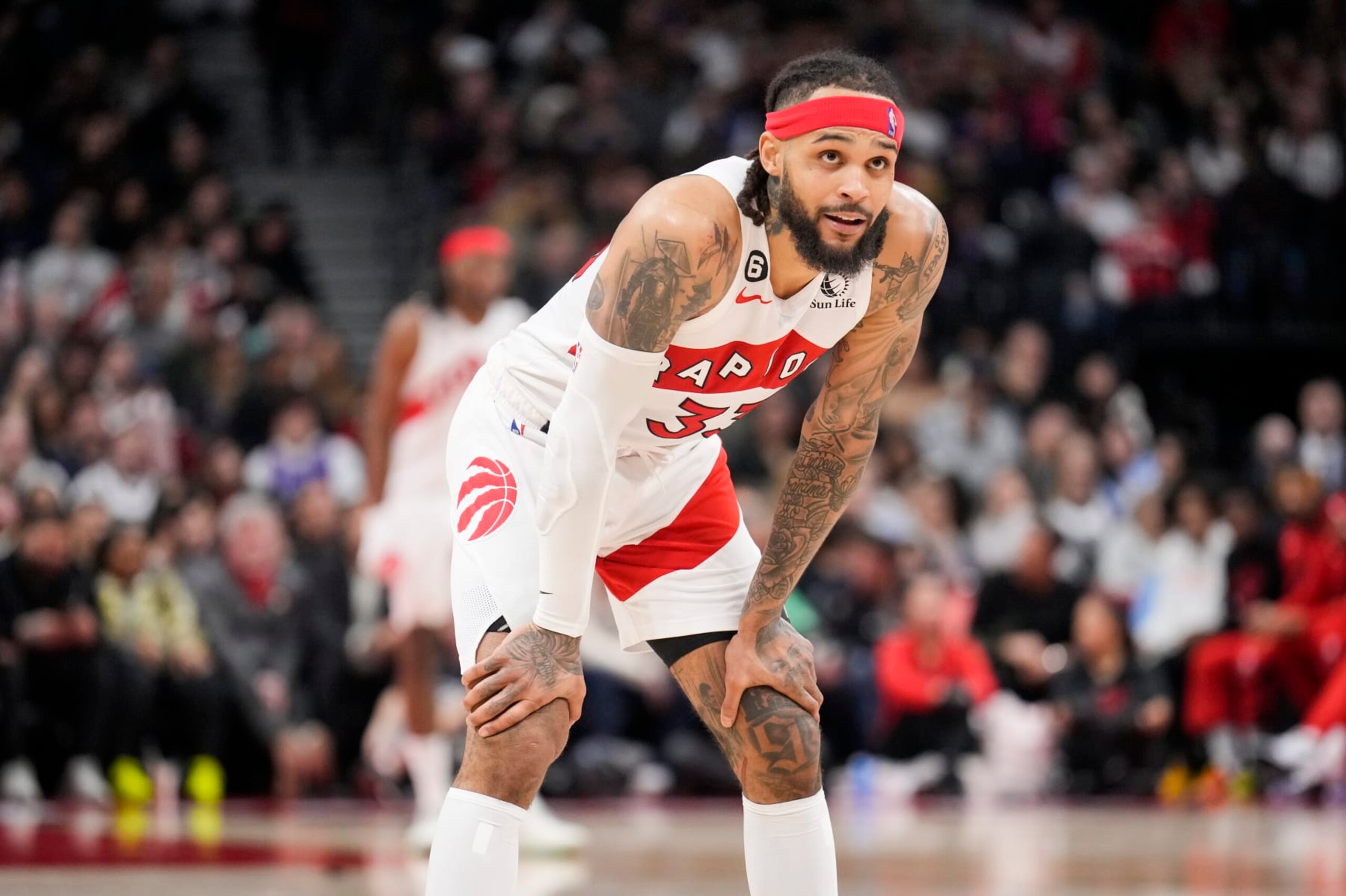 TORONTO, ON - JANUARY 22: Gary Trent Jr. #33 of the Toronto Raptors looks on against the New York Knicks during the second half of their basketball game at the Scotiabank Arena on January 22, 2023 in Toronto, Ontario, Canada. NOTE TO USER: User expressly acknowledges and agrees that, by downloading and/or using this Photograph, user is consenting to the terms and conditions of the Getty Images License Agreement. (Photo by Mark Blinch/Getty Images)