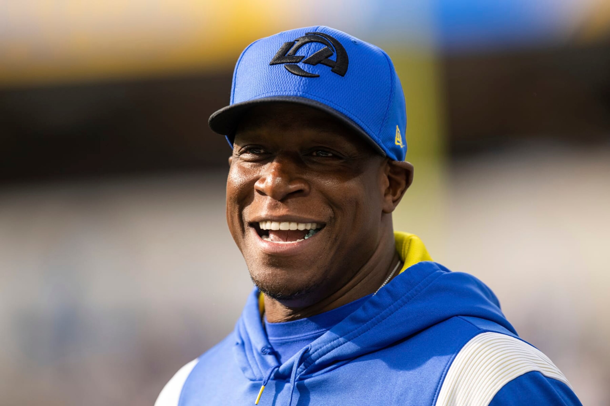 Los Angeles Rams defensive coordinator Raheem Morris smiles before an NFL football game against the Los Angeles Rams, Sunday, Jan. 1, 2023, in Inglewood, Calif. (AP Photo/Kyusung Gong)
