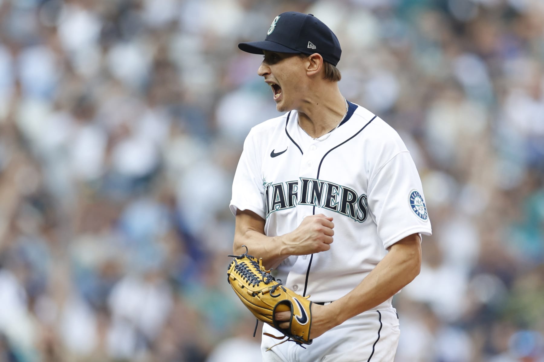 SEATTLE, WASHINGTON - OCTOBER 15: George Kirby #68 of the Seattle Mariners reacts after striking out Jose Altuve #27 of the Houston Astros to get out of the seventh inning with two men on base in game three of the American League Division Series at T-Mobile Park on October 15, 2022 in Seattle, Washington. (Photo by Steph Chambers/Getty Images)