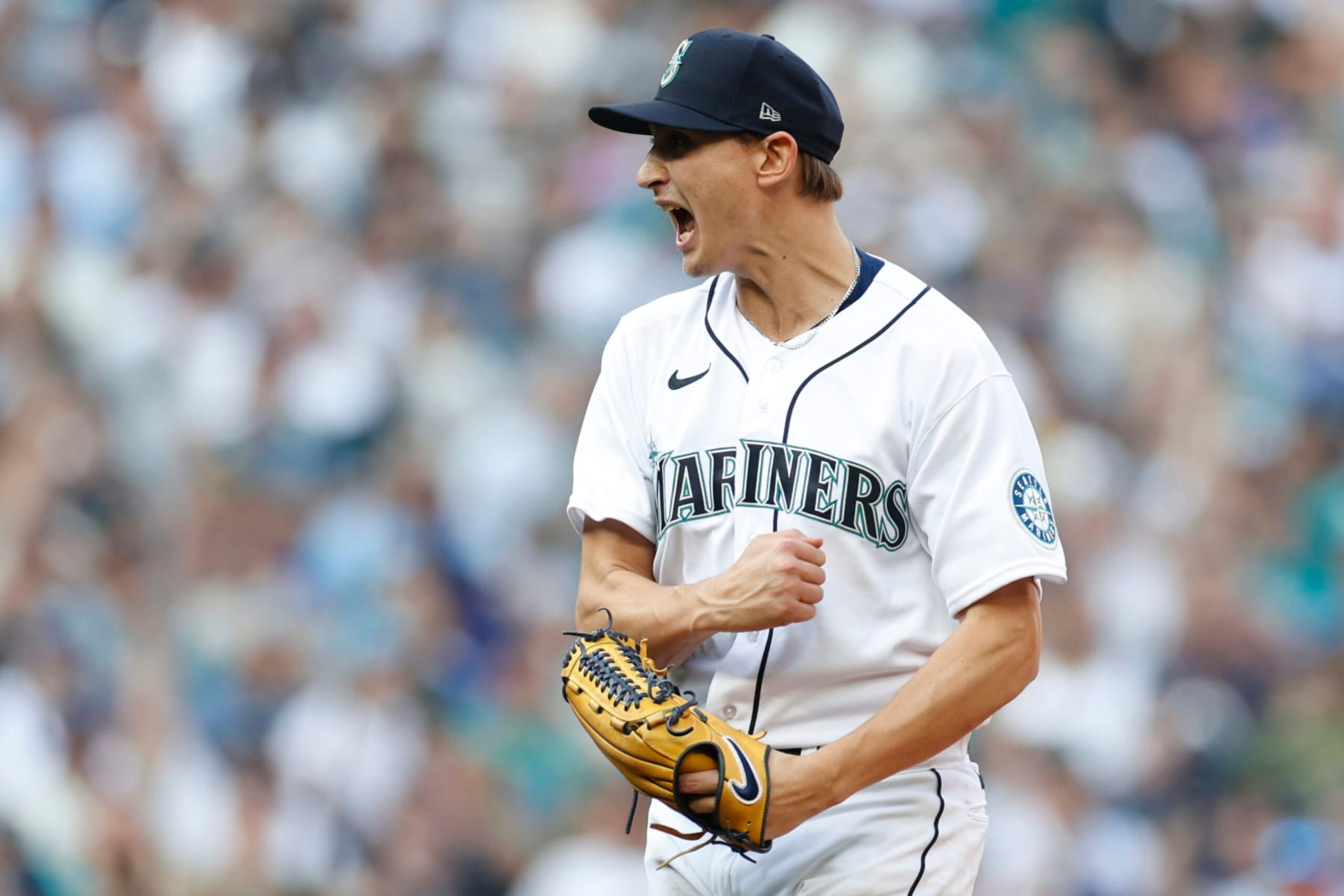 SEATTLE, WASHINGTON - OCTOBER 15: George Kirby #68 of the Seattle Mariners reacts after striking out Jose Altuve #27 of the Houston Astros to get out of the seventh inning with two men on base in game three of the American League Division Series at T-Mobile Park on October 15, 2022 in Seattle, Washington. (Photo by Steph Chambers/Getty Images)