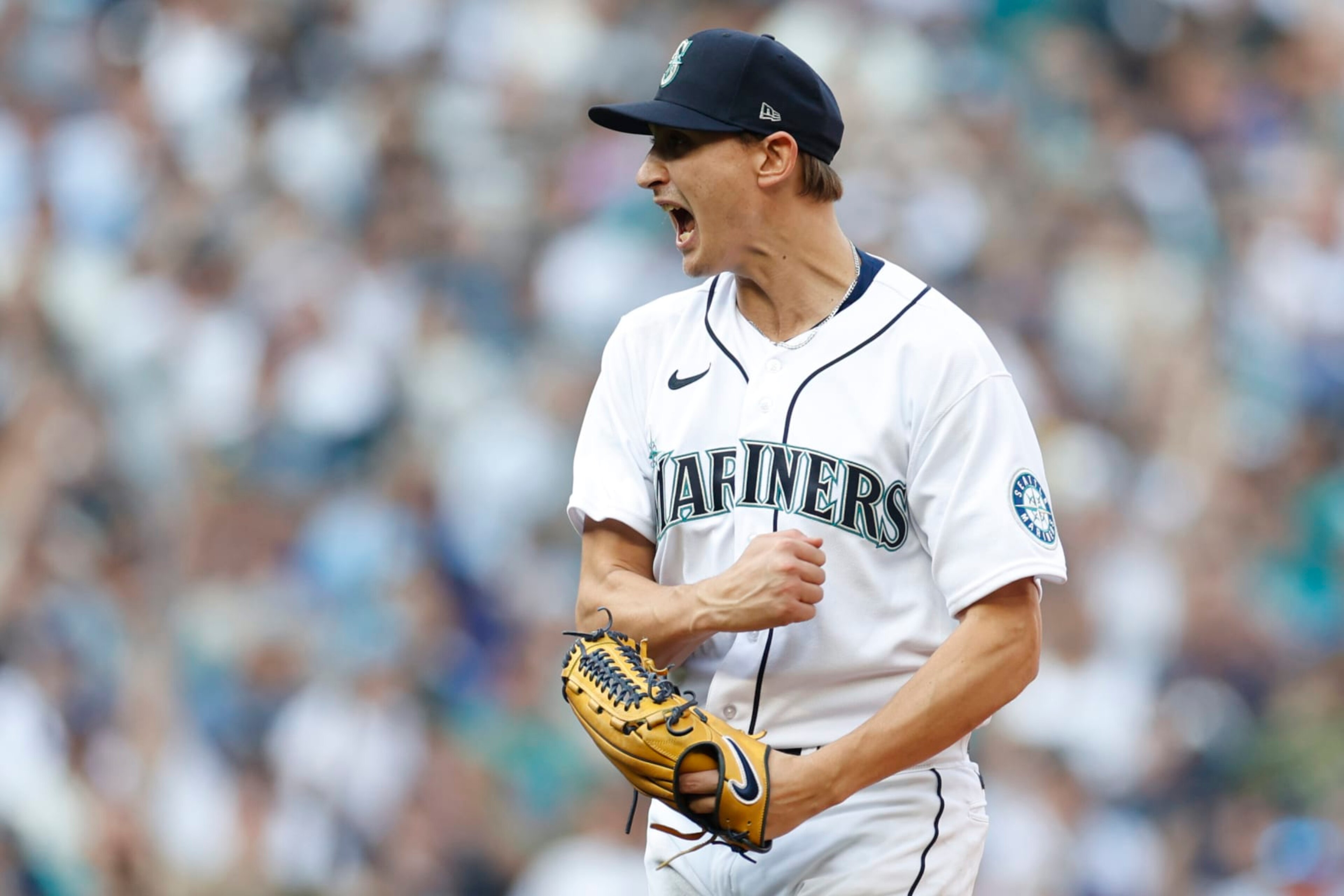SEATTLE, WASHINGTON - OCTOBER 15: George Kirby #68 of the Seattle Mariners reacts after striking out Jose Altuve #27 of the Houston Astros to get out of the seventh inning with two men on base in game three of the American League Division Series at T-Mobile Park on October 15, 2022 in Seattle, Washington. (Photo by Steph Chambers/Getty Images)