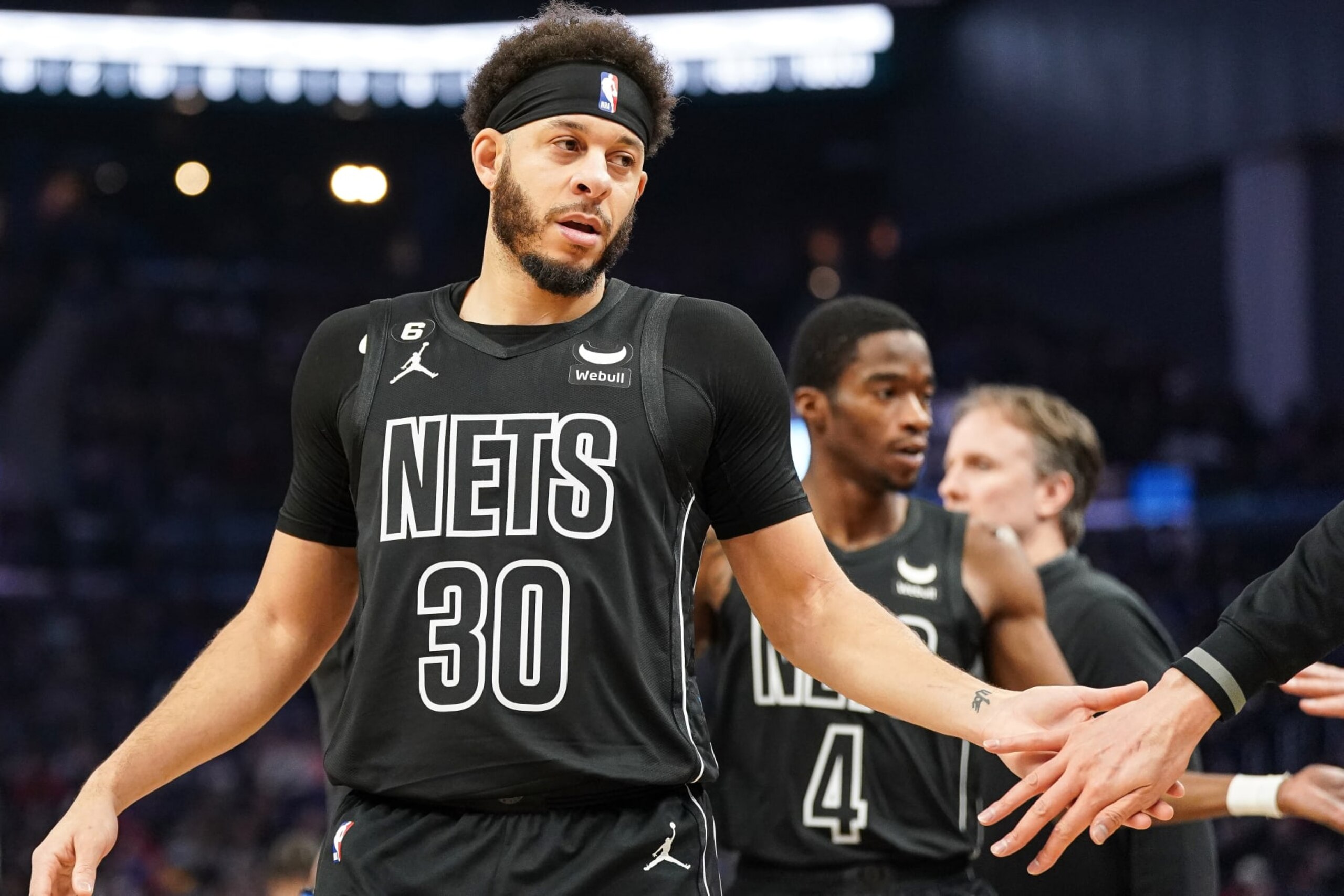 SAN FRANCISCO, CA - JANUARY 22: Seth Curry #30 of the Brooklyn Nets celebrates a basket against the Golden State Warriors at Chase Center on January 22, 2023 in San Francisco, California. NOTE TO USER: User expressly acknowledges and agrees that, by downloading and/or using this photograph, User is consenting to the terms and conditions of the Getty Images License Agreement. (Photo by Kavin Mistry/Getty Images)