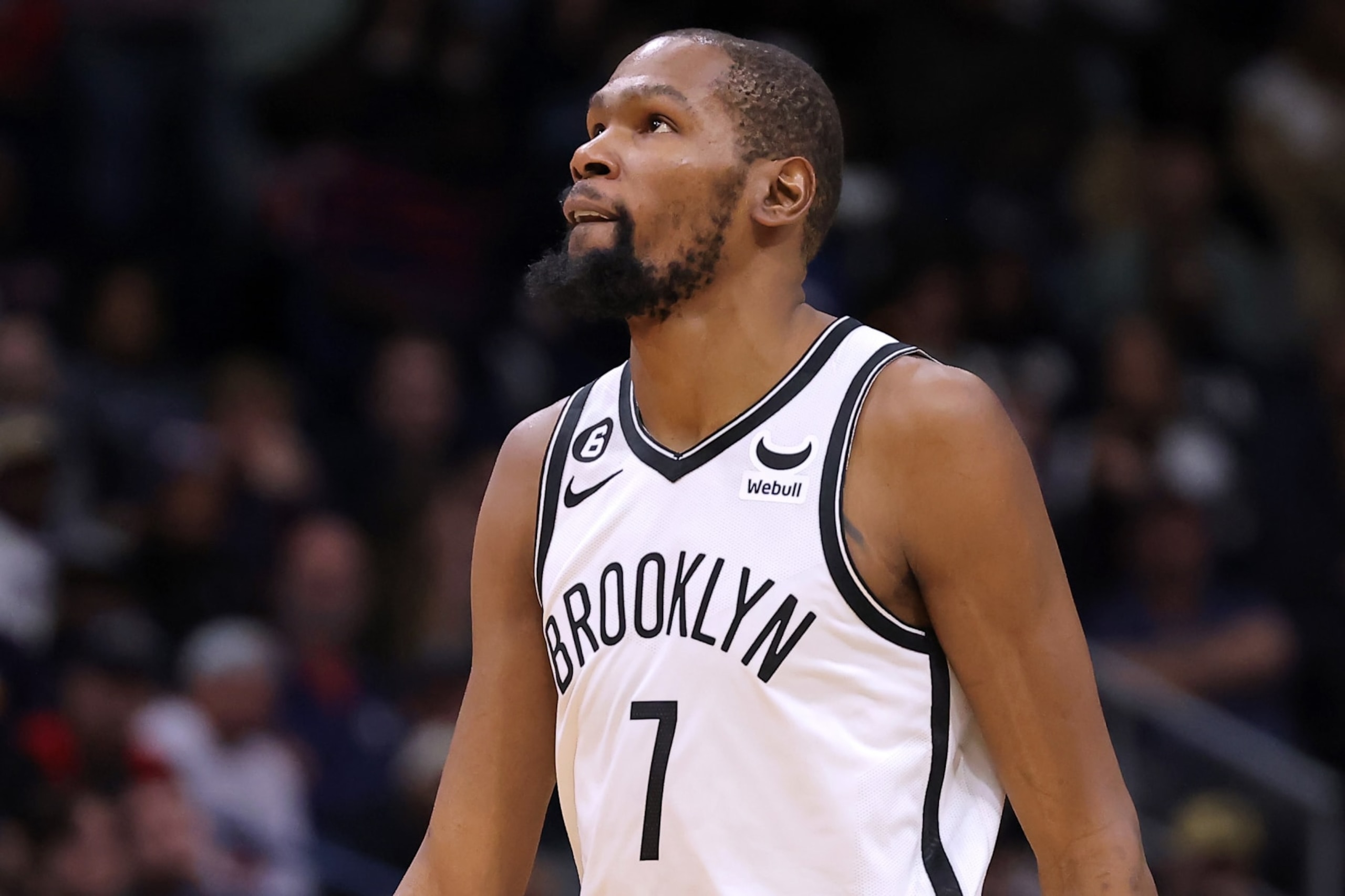 NEW ORLEANS, LOUISIANA - JANUARY 06: Kevin Durant #7 of the Brooklyn Nets reacts against the New Orleans Pelicans during a game at the Smoothie King Center on January 06, 2023 in New Orleans, Louisiana. NOTE TO USER: User expressly acknowledges and agrees that, by downloading and or using this Photograph, user is consenting to the terms and conditions of the Getty Images License Agreement. (Photo by Jonathan Bachman/Getty Images)