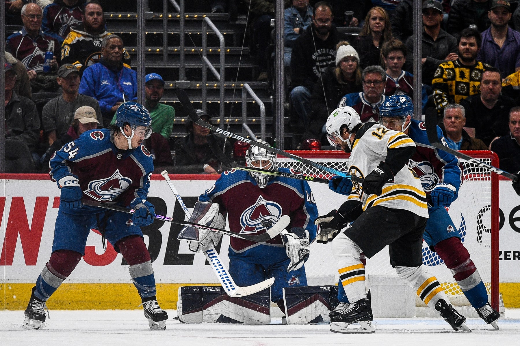 DENVER, COLORADO - DECEMBER 7:  Alexandar Georgiev #40 of the Colorado Avalanche defends against the Boston Bruins in the second period of a game at Ball Arena on December 7, 2022 in Denver, Colorado. (Photo by Dustin Bradford/Getty Images)