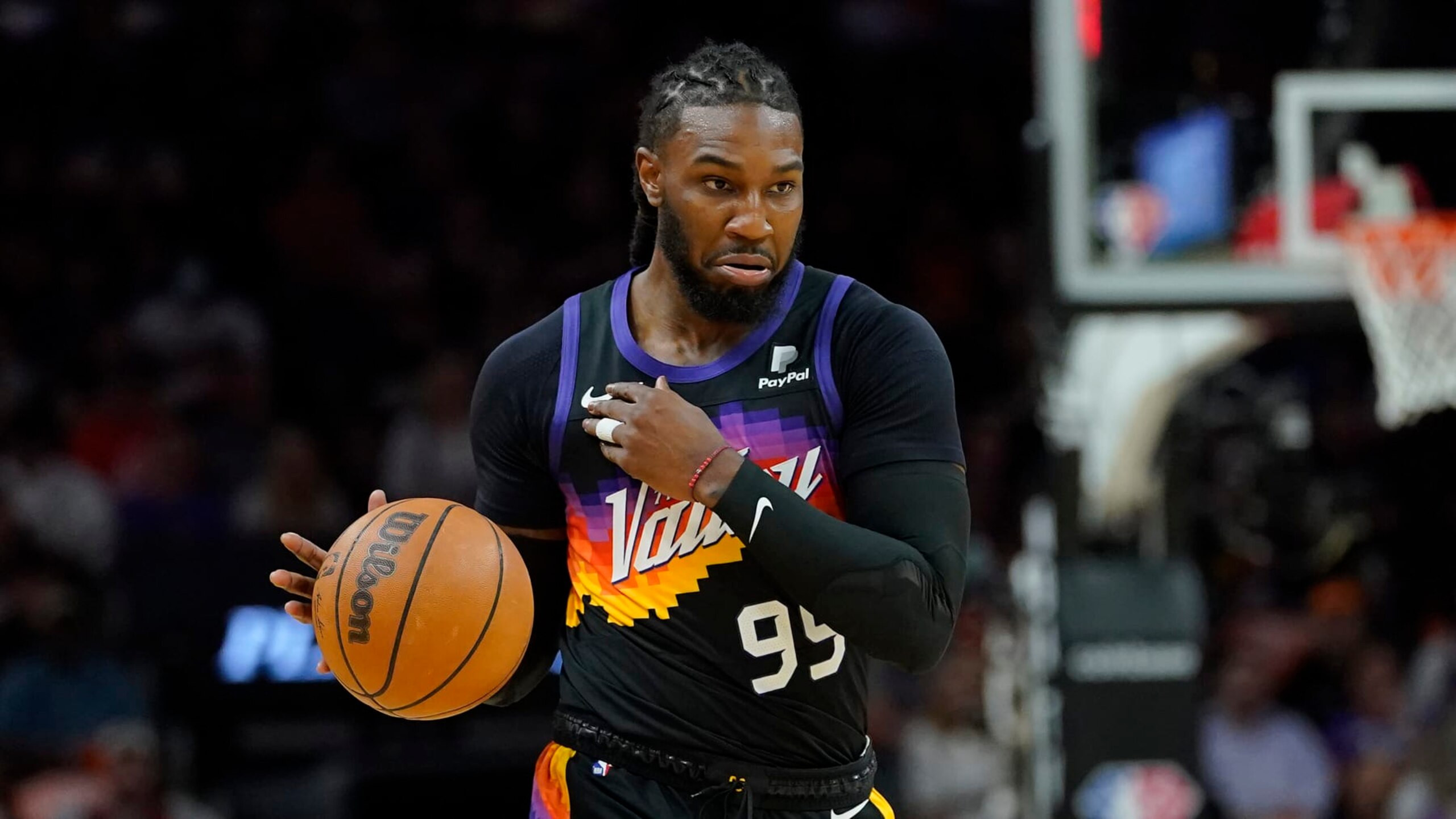 Phoenix Suns forward Jae Crowder (99) looks to pass against the New Orleans Pelicans during the first half of Game 5 of an NBA basketball first-round playoff series, Tuesday, April 26, 2022, in Phoenix. (AP Photo/Matt York) Phoenix Suns forward Jae Crowder (99) looks to pass against the New Orleans Pelicans during the first half of Game 5 of an NBA basketball first-round playoff series, Tuesday, April 26, 2022, in Phoenix. (AP Photo/Matt York)