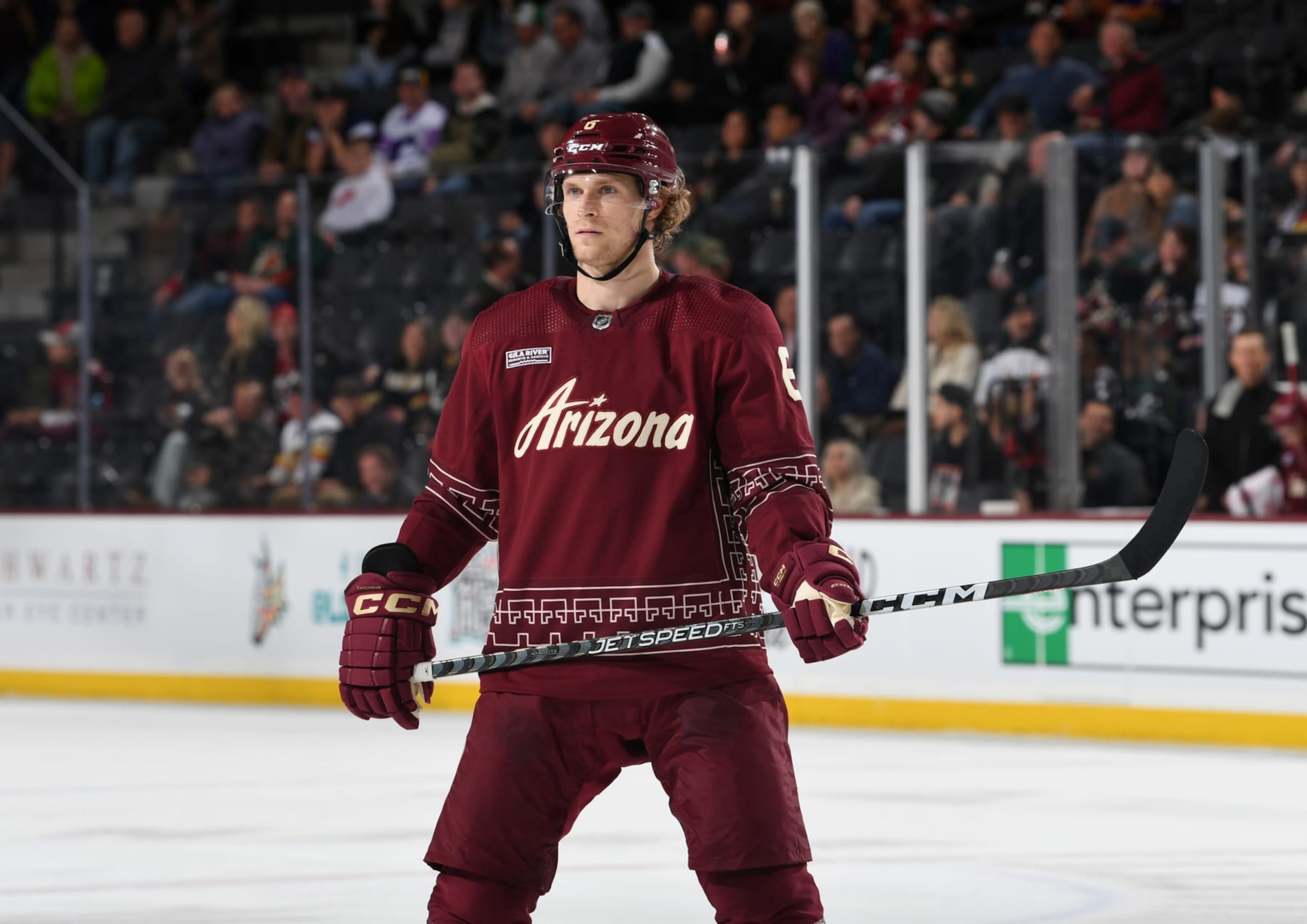 TEMPE, ARIZONA - JANUARY 22: Jakob Chychrun #6 of the Arizona Coyotes gets ready prior to a face off against the Vegas Golden Knights at Mullett Arena on January 22, 2023 in Tempe, Arizona. (Photo by Norm Hall/NHLI via Getty Images)