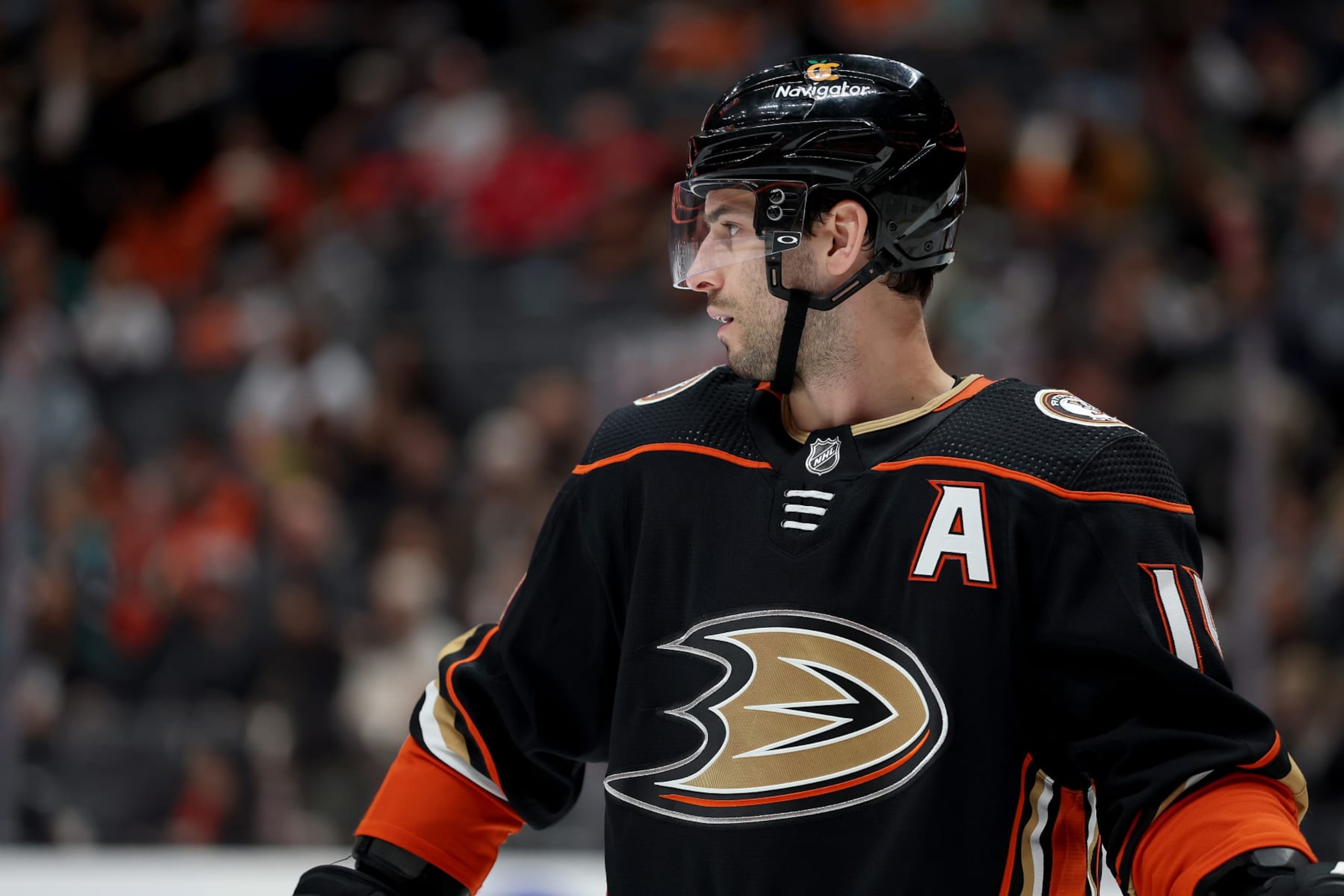 ANAHEIM, CALIFORNIA - JANUARY 13: Adam Henrique #14 of the Anaheim Ducks looks on during the third period of a game \an]\ at Honda Center on January 13, 2023 in Anaheim, California. (Photo by Sean M. Haffey/Getty Images)