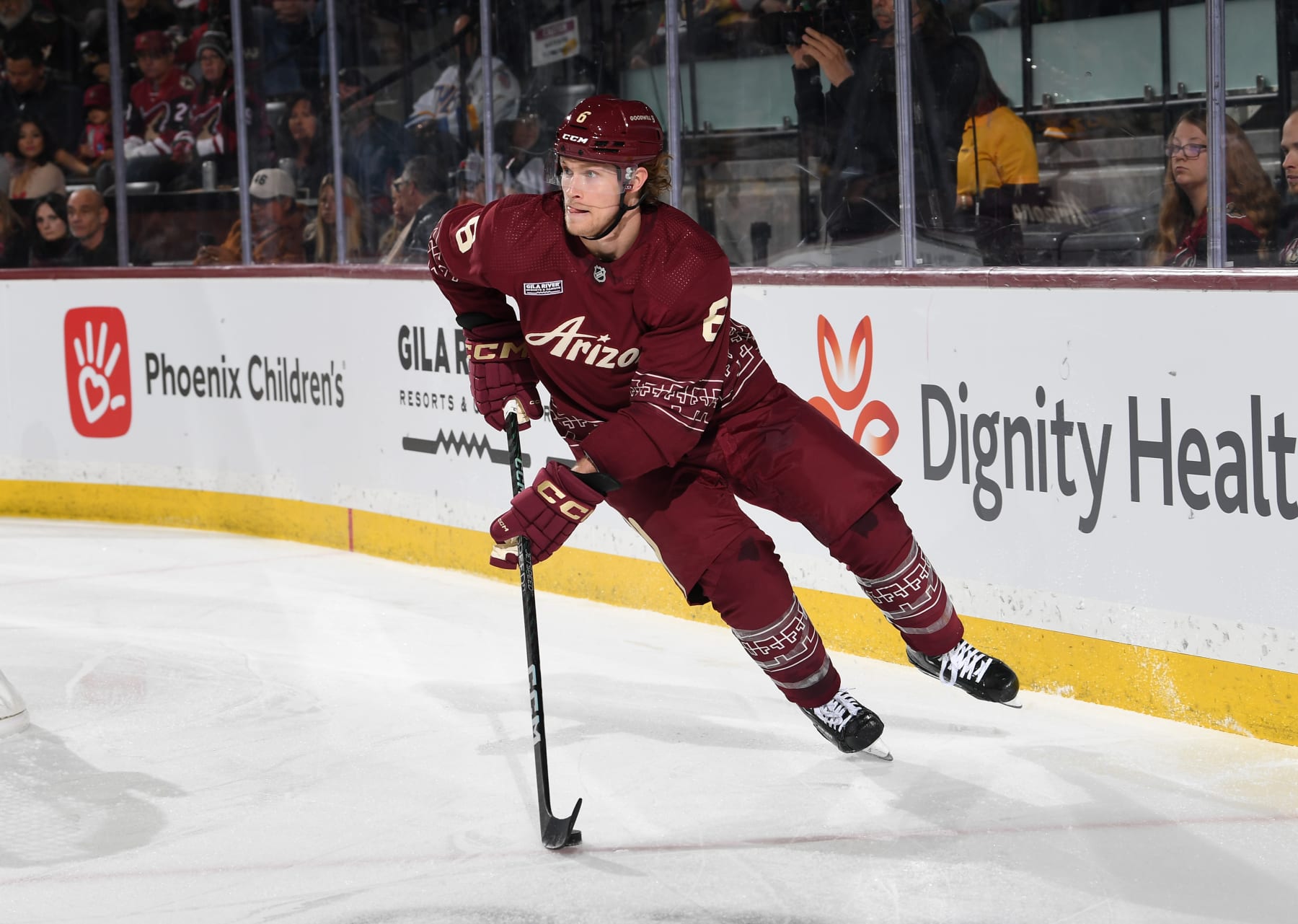 TEMPE, ARIZONA - JANUARY 22: Jakob Chychrun #6 of the Arizona Coyotes skates with the puck against the Vegas Golden Knights at Mullett Arena on January 22, 2023 in Tempe, Arizona. (Photo by Norm Hall/NHLI via Getty Images)