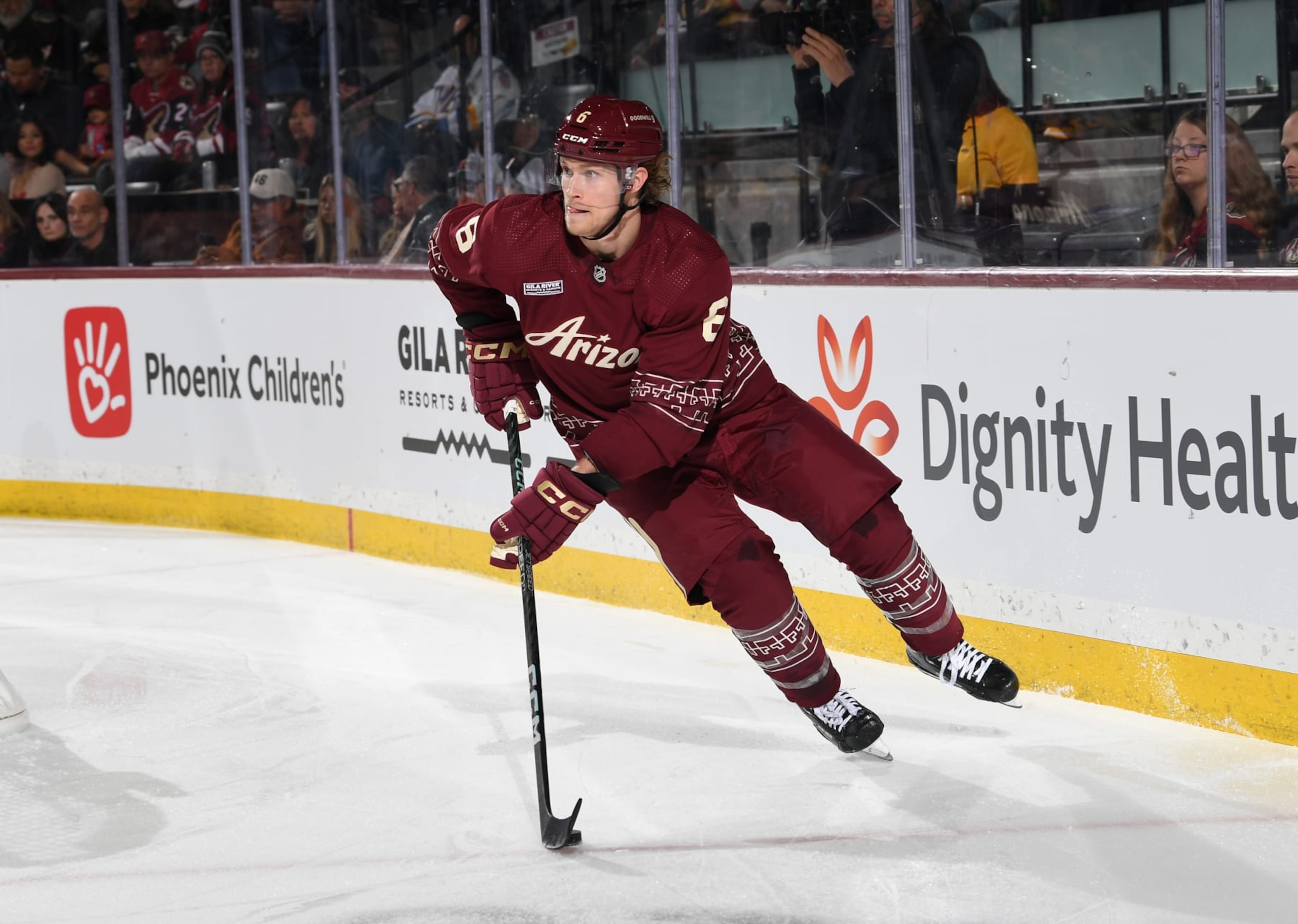 TEMPE, ARIZONA - JANUARY 22: Jakob Chychrun #6 of the Arizona Coyotes skates with the puck against the Vegas Golden Knights at Mullett Arena on January 22, 2023 in Tempe, Arizona. (Photo by Norm Hall/NHLI via Getty Images)