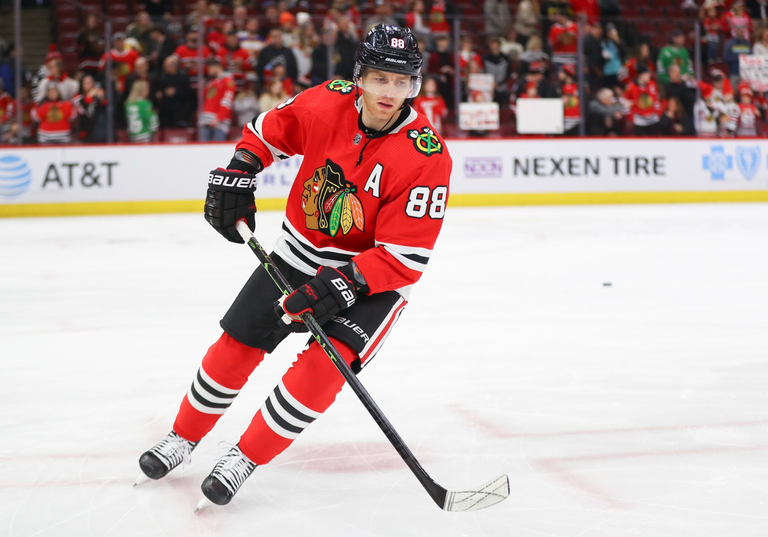 CHICAGO, IL - JANUARY 22: Chicago Blackhawks Right Wing Patrick Kane (88) skates in action during warm-ups before a game between the Los Angeles Kings and the Chicago Blackhawks on January 22, 2023 at the United Center in Chicago, IL. (Photo by Melissa Tamez/Icon Sportswire via Getty Images)