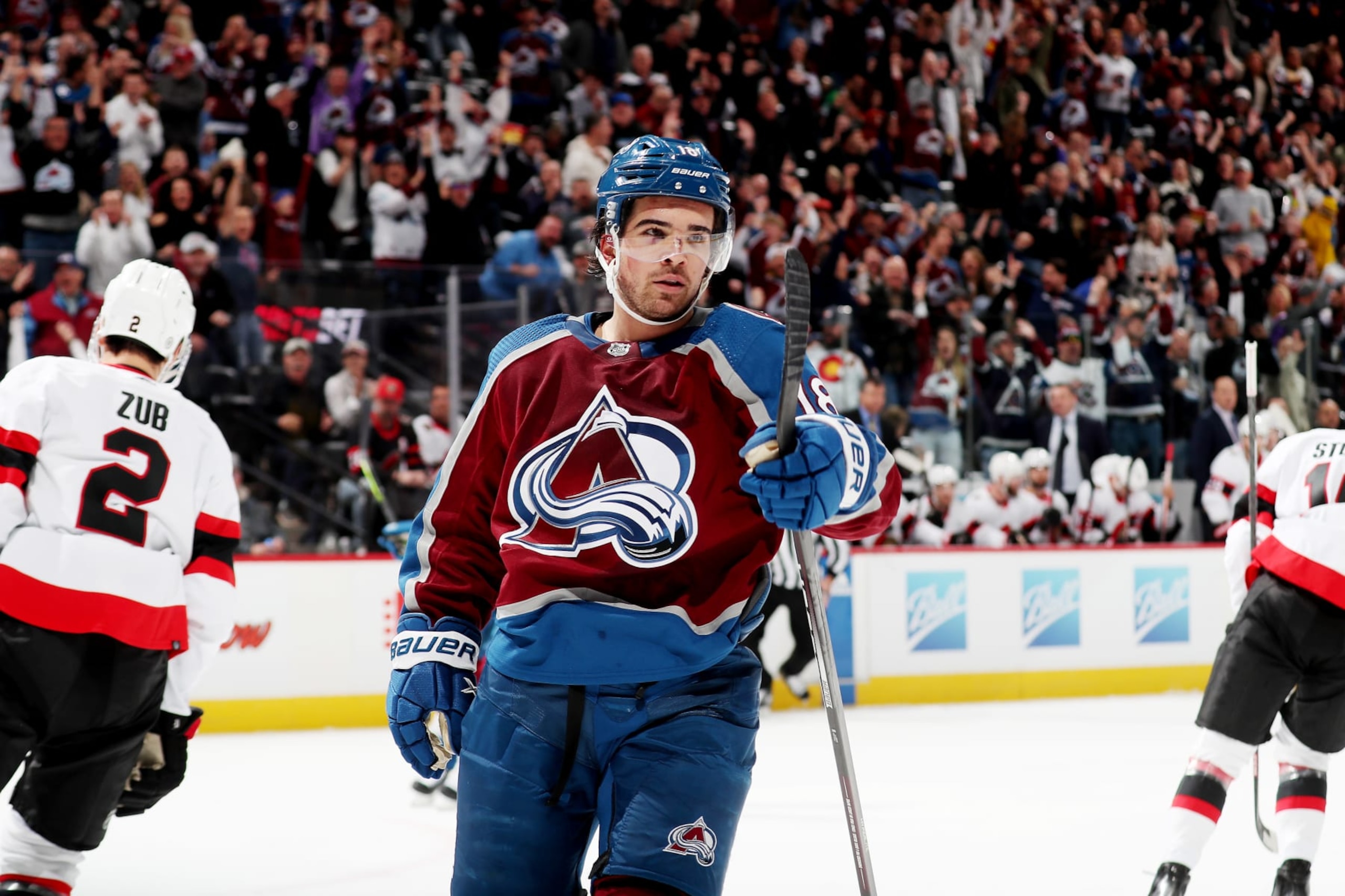 DENVER, COLORADO - JANUARY 14: Alex Newhook #18 of the Colorado Avalanche celebrates a goal against the Ottawa Senators at Ball Arena on January 14, 2023 in Denver, Colorado. (Photo by Michael Martin/NHLI via Getty Images)