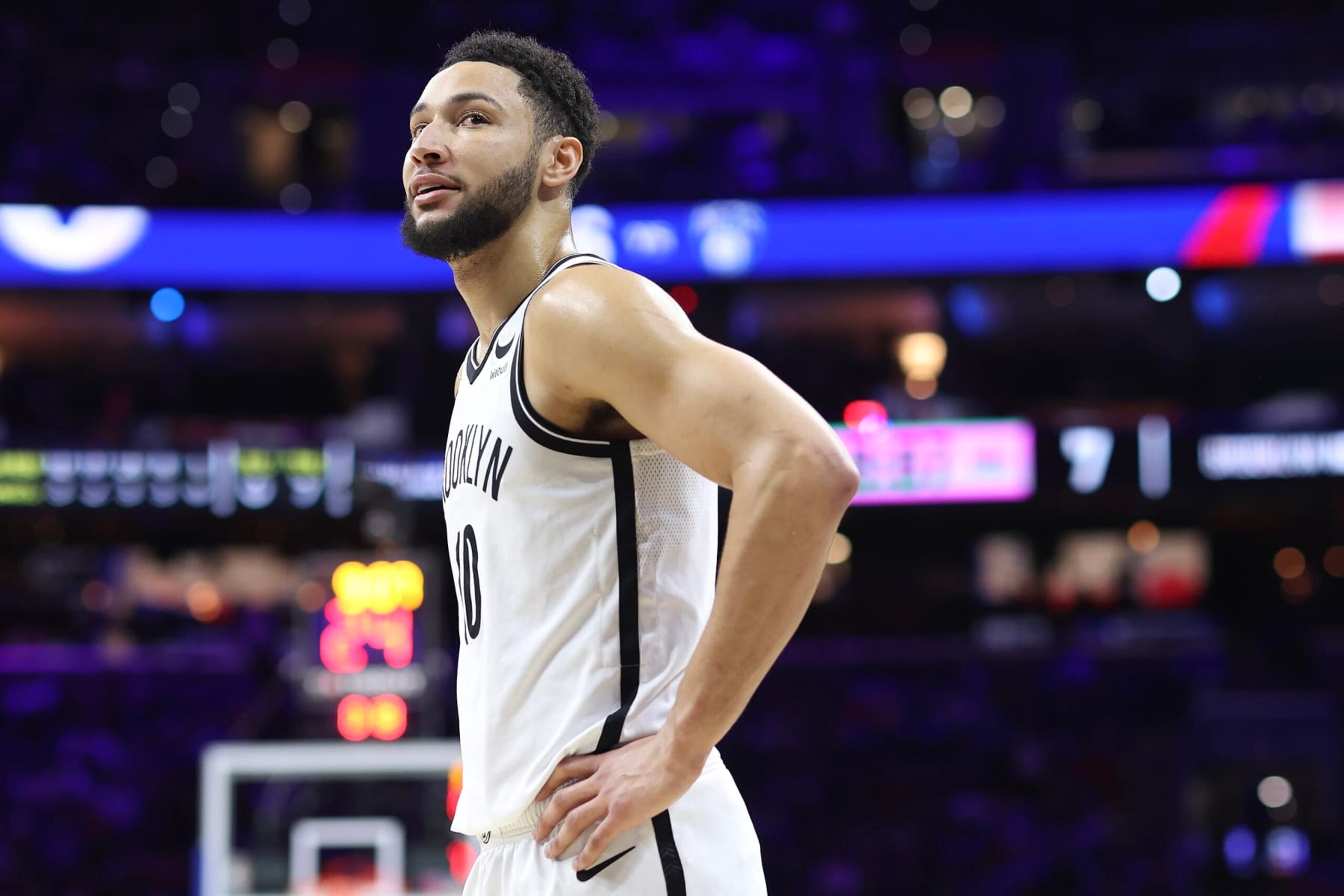 PHILADELPHIA, PENNSYLVANIA - JANUARY 25: Ben Simmons #10 of the Brooklyn Nets looks on during the first quarter against the Philadelphia 76ers at Wells Fargo Center on January 25, 2023 in Philadelphia, Pennsylvania. NOTE TO USER: User expressly acknowledges and agrees that, by downloading and or using this photograph, User is consenting to the terms and conditions of the Getty Images License Agreement. (Photo by Tim Nwachukwu/Getty Images)