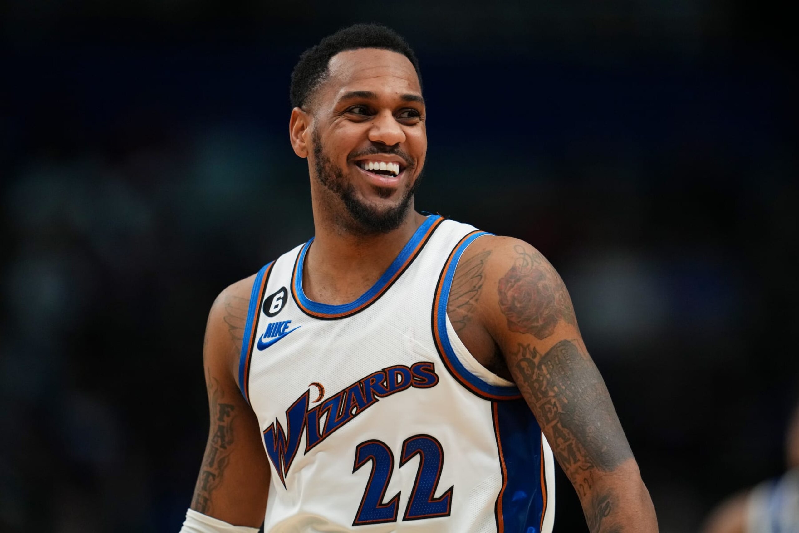 DALLAS, TX - JANUARY 24: Monte Morris #22 of the Washington Wizards smiles during the game against the Dallas Mavericks on January 24, 2023 at the American Airlines Center in Dallas, Texas. NOTE TO USER: User expressly acknowledges and agrees that, by downloading and or using this photograph, User is consenting to the terms and conditions of the Getty Images License Agreement. Mandatory Copyright Notice: Copyright 2022 NBAE (Photo by Cooper Neill/NBAE via Getty Images)