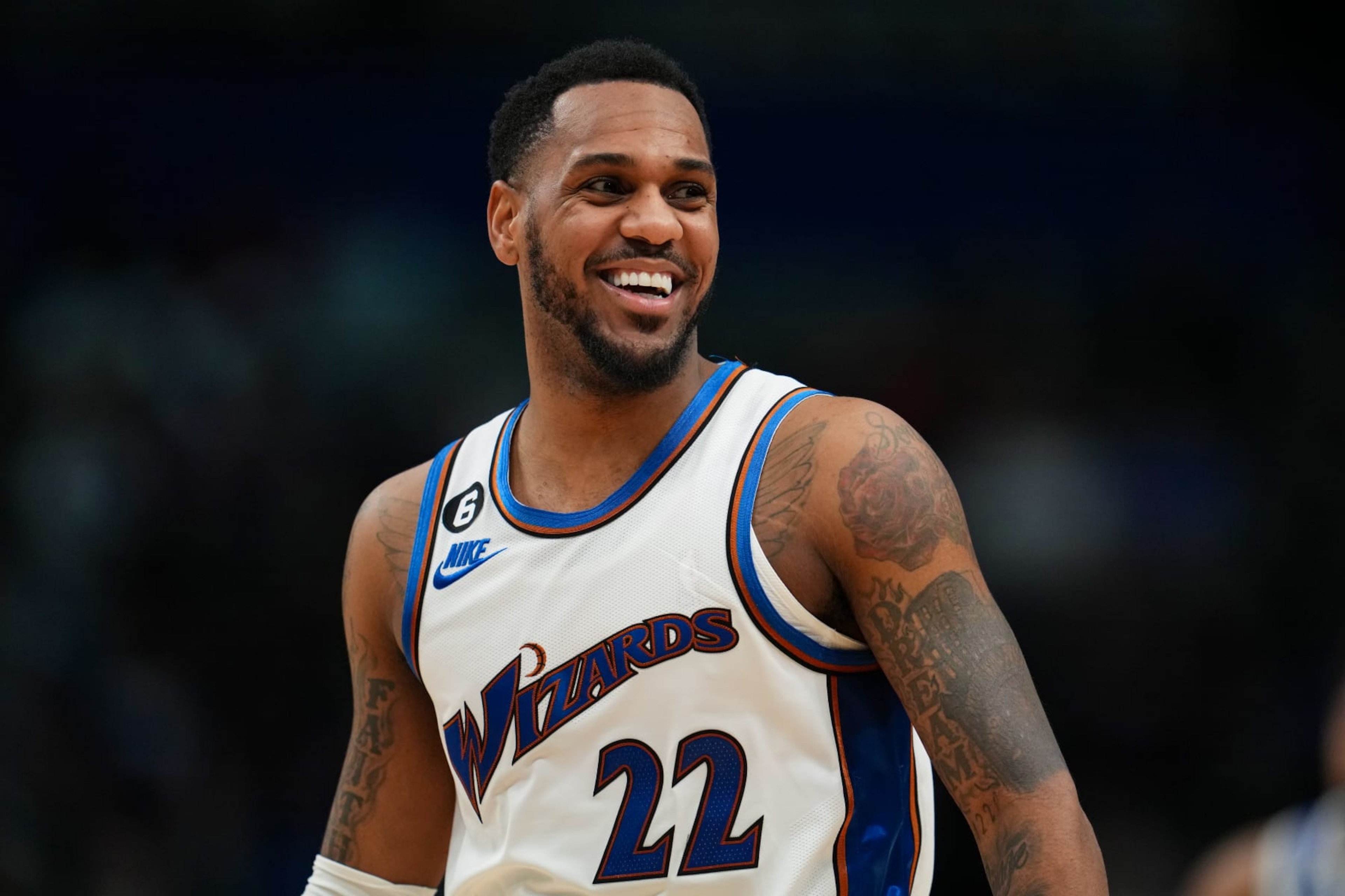 DALLAS, TX - JANUARY 24: Monte Morris #22 of the Washington Wizards smiles during the game against the Dallas Mavericks on January 24, 2023 at the American Airlines Center in Dallas, Texas. NOTE TO USER: User expressly acknowledges and agrees that, by downloading and or using this photograph, User is consenting to the terms and conditions of the Getty Images License Agreement. Mandatory Copyright Notice: Copyright 2022 NBAE (Photo by Cooper Neill/NBAE via Getty Images)
