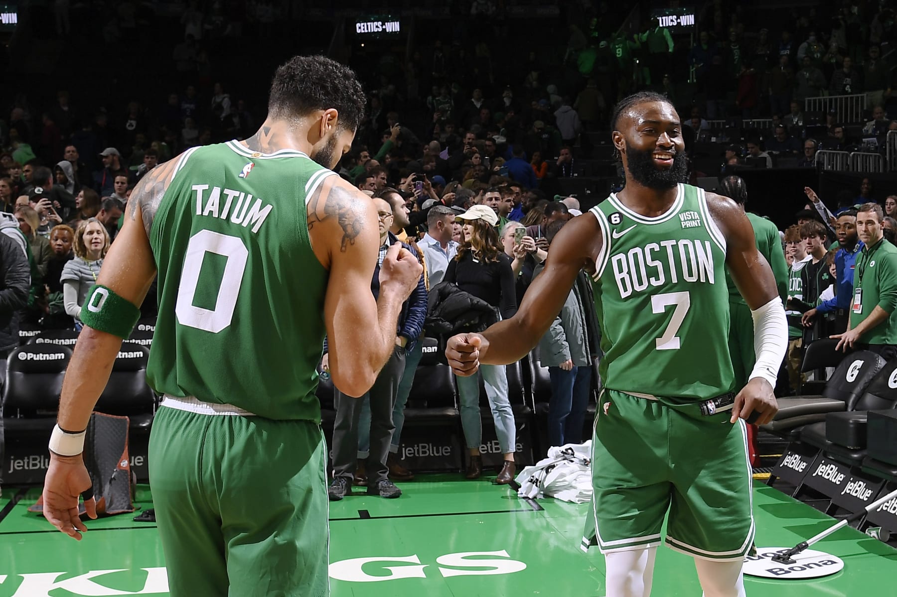 BOSTON, MA - DECEMBER 29: Jayson Tatum #0 celebrates with Jaylen Brown #7 of the Boston Celtics after defeating the LA Clippers on December 29, 2022 at the TD Garden in Boston, Massachusetts.  NOTE TO USER: User expressly acknowledges and agrees that, by downloading and or using this photograph, User is consenting to the terms and conditions of the Getty Images License Agreement. Mandatory Copyright Notice: Copyright 2022 NBAE  (Photo by Brian Babineau/NBAE via Getty Images)