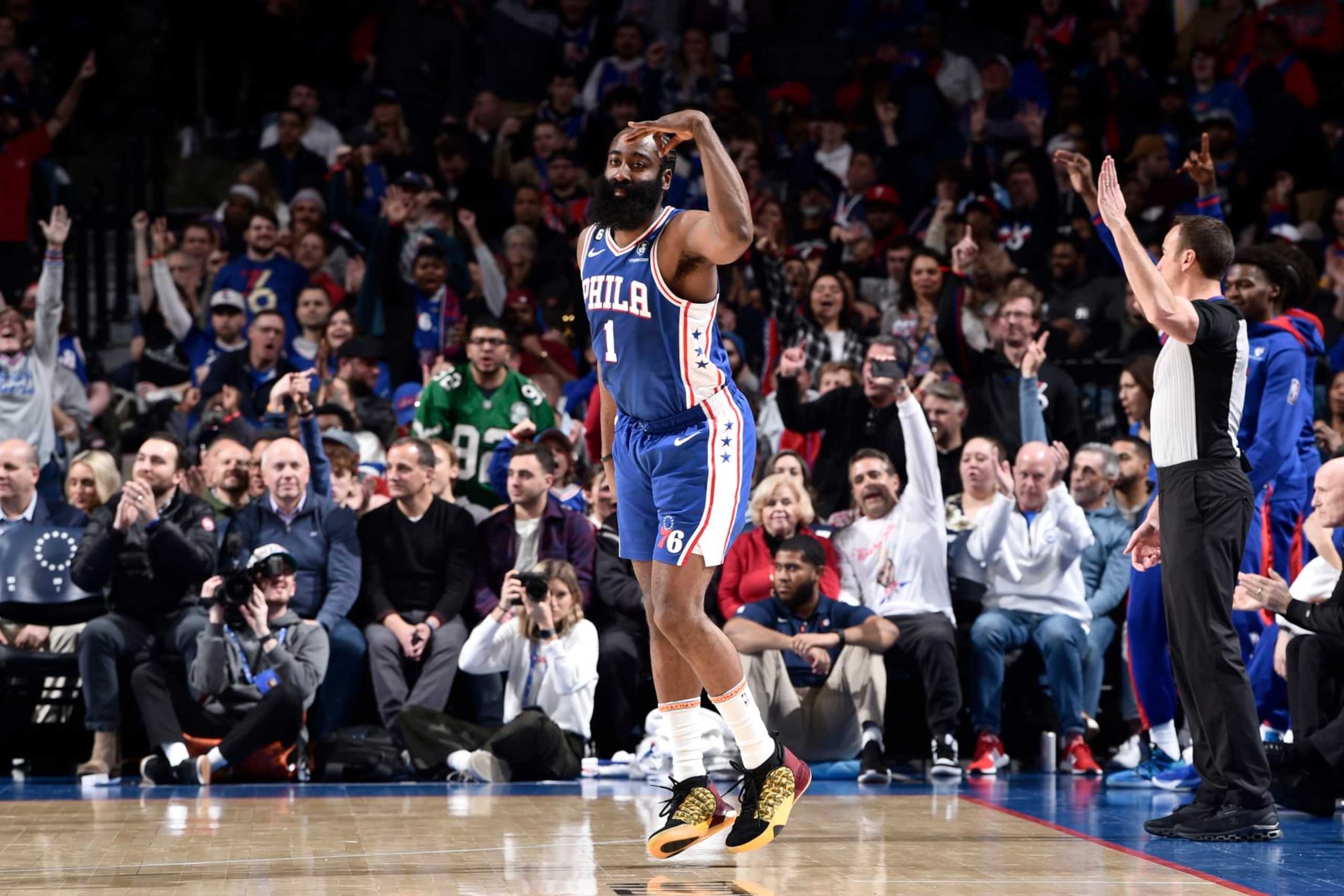 PHILADELPHIA, PA - JANUARY 25: James Harden #1 of the Philadelphia 76ers celebrates a play during the game against the Brooklyn Nets on January 25, 2023 at the Wells Fargo Center in Philadelphia, Pennsylvania NOTE TO USER: User expressly acknowledges and agrees that, by downloading and/or using this Photograph, user is consenting to the terms and conditions of the Getty Images License Agreement. Mandatory Copyright Notice: Copyright 2023 NBAE (Photo by David Dow/NBAE via Getty Images)