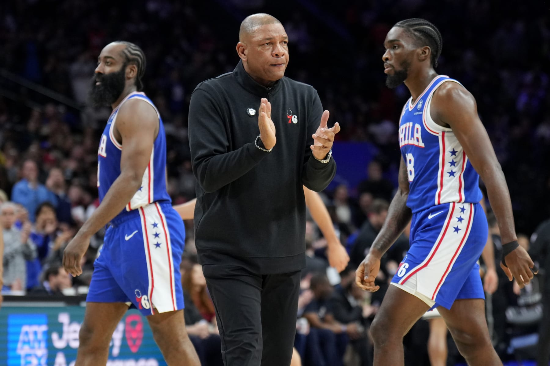 PHILADELPHIA, PA - JANUARY 25: Head Coach Doc Rivers of the Philadelphia 76ers looks on during the game against the Brooklyn Nets on January 25, 2023 at the Wells Fargo Center in Philadelphia, Pennsylvania NOTE TO USER: User expressly acknowledges and agrees that, by downloading and/or using this Photograph, user is consenting to the terms and conditions of the Getty Images License Agreement. Mandatory Copyright Notice: Copyright 2023 NBAE (Photo by Jesse D. Garrabrant/NBAE via Getty Images)