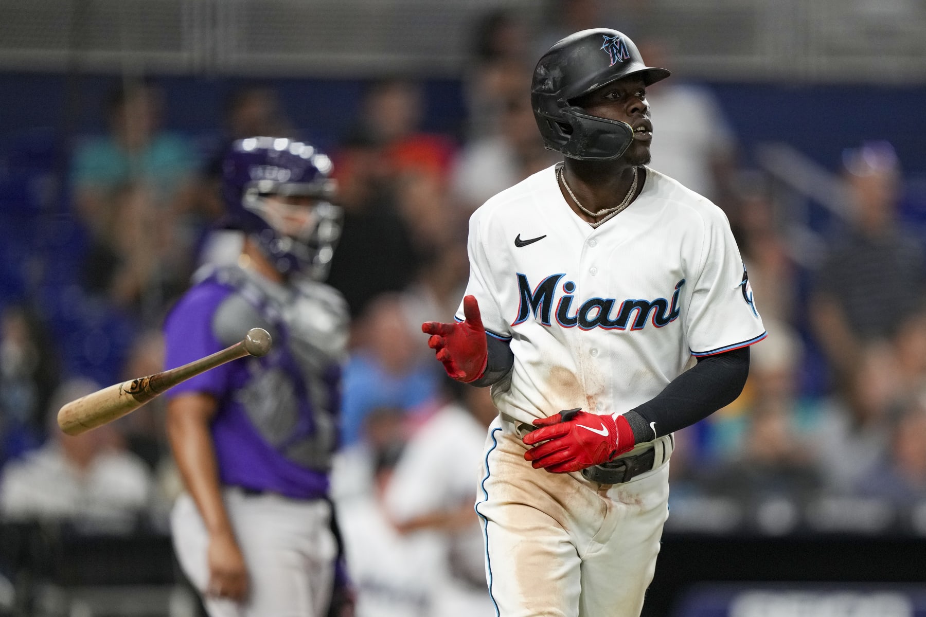MIAMI, FLORIDA - JUNE 22: Jazz Chisholm Jr. #2 of the Miami Marlins hits a home run during the seventh inning against the Colorado Rockies at loanDepot park on June 22, 2022 in Miami, Florida. (Photo by Eric Espada/Getty Images)