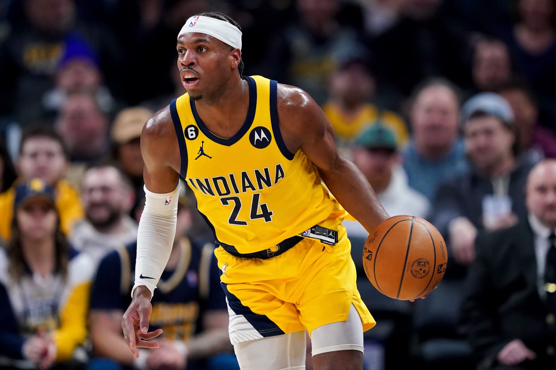 INDIANAPOLIS, INDIANA - JANUARY 13: Buddy Hield #24 of the Indiana Pacers dribbles the ball in the first quarter against the Atlanta Hawks at Gainbridge Fieldhouse on January 13, 2023 in Indianapolis, Indiana. NOTE TO USER: User expressly acknowledges and agrees that, by downloading and or using this photograph, User is consenting to the terms and conditions of the Getty Images License Agreement. (Photo by Dylan Buell/Getty Images)
