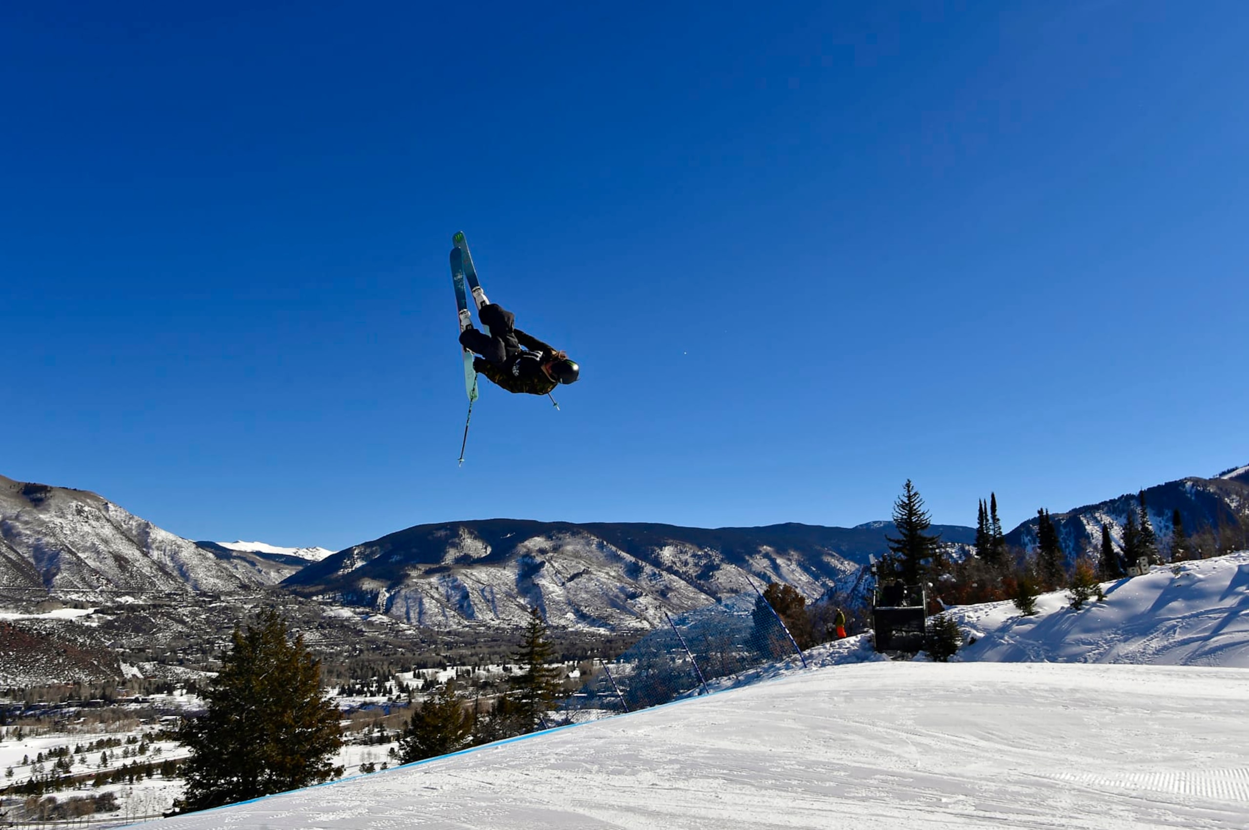 ASPEN, CO - JANUARY 23:  James Woods, of Sheffield, GBR, catches air on the first of three jumps as he competes in the Men's Ski Slopestyle finals at Buttermilk Mountain for the X Games on January 23, 2022 in Aspen, Colorado. Woods came in sixth in the competiton. (Photo by Helen H. Richardson/MediaNews Group/The Denver Post via Getty Images)
