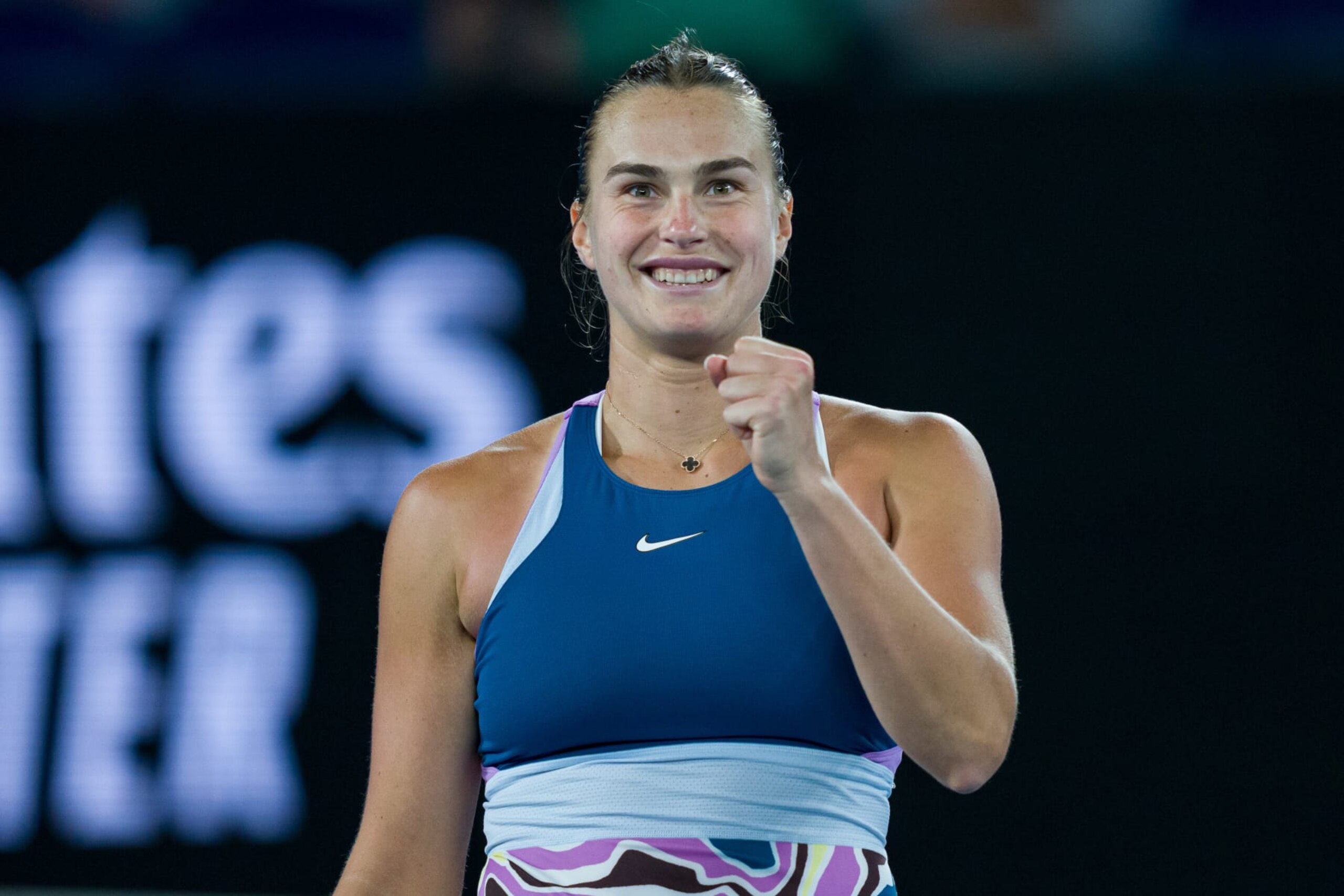 MELBOURNE, AUSTRALIA - JANUARY 26: Aryna Sabalenka celebrates victory in the Semifinal singles match against Magda Linette of Poland during day 11 of the 2023 Australian Open at Melbourne Park on January 26, 2023 in Melbourne, Australia. (Photo by Andy Cheung/Getty Images)