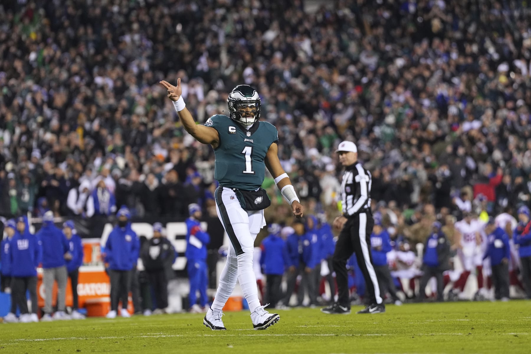 PHILADELPHIA, PA - JANUARY 21: Jalen Hurts #1 of the Philadelphia Eagles reacts against the New York Giants during the NFC Divisional Playoff game at Lincoln Financial Field on January 21, 2023 in Philadelphia, Pennsylvania. (Photo by Mitchell Leff/Getty Images)