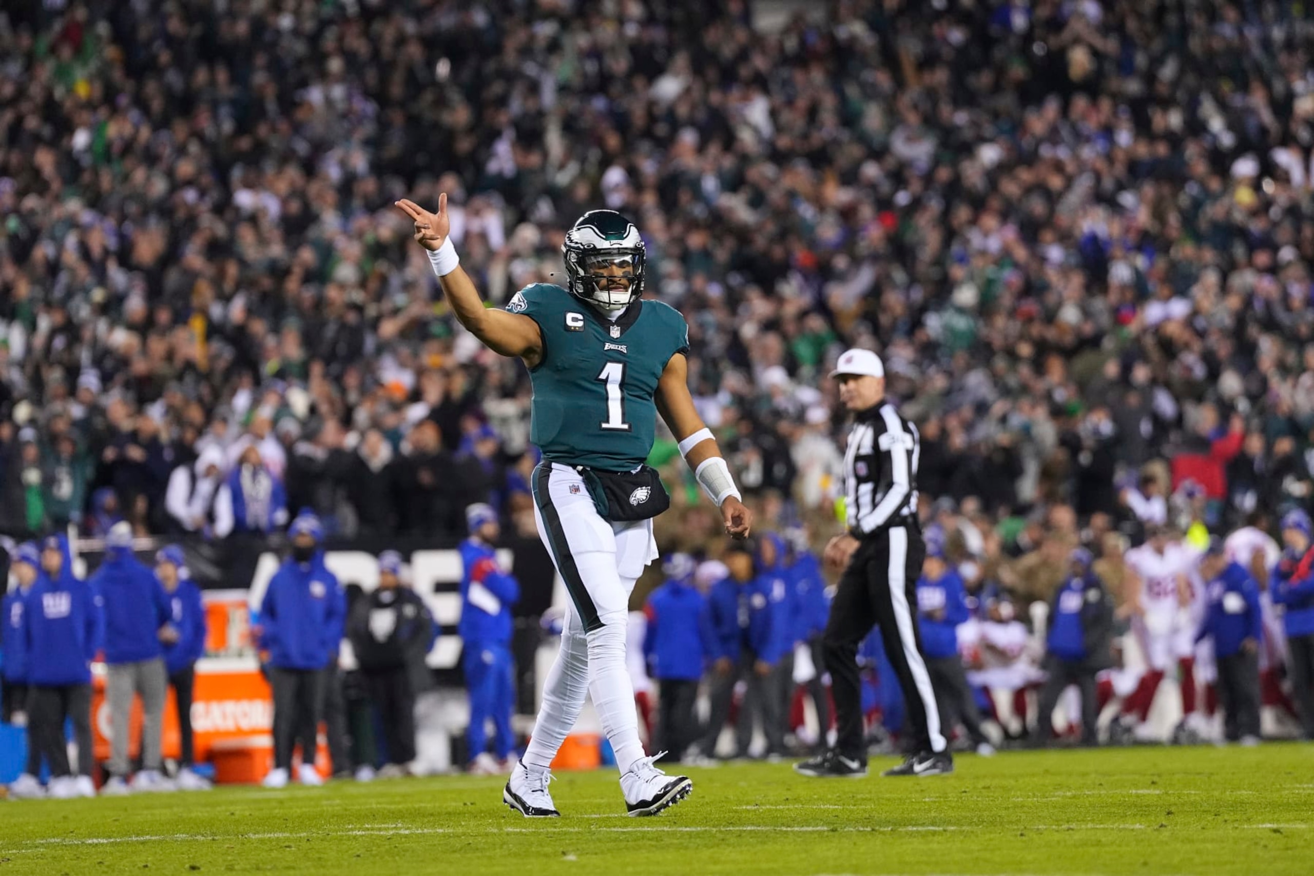 PHILADELPHIA, PA - JANUARY 21: Jalen Hurts #1 of the Philadelphia Eagles reacts against the New York Giants during the NFC Divisional Playoff game at Lincoln Financial Field on January 21, 2023 in Philadelphia, Pennsylvania. (Photo by Mitchell Leff/Getty Images) PHILADELPHIA, PA - JANUARY 21: Jalen Hurts #1 of the Philadelphia Eagles reacts against the New York Giants during the NFC Divisional Playoff game at Lincoln Financial Field on January 21, 2023 in Philadelphia, Pennsylvania. (Photo by Mitchell Leff/Getty Images)