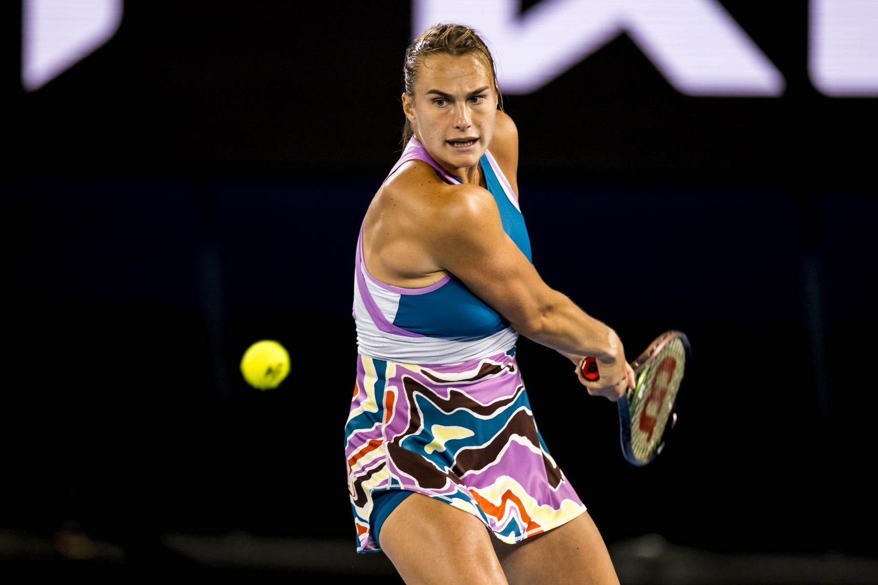 MELBOURNE, VIC - JANUARY 26: Aryna Sabalenka of Belarus in action during the Semifinals of the 2023 Australian Open on January 26 2023, at Melbourne Park in Melbourne, Australia. (Photo by Jason Heidrich/Icon Sportswire via Getty Images)