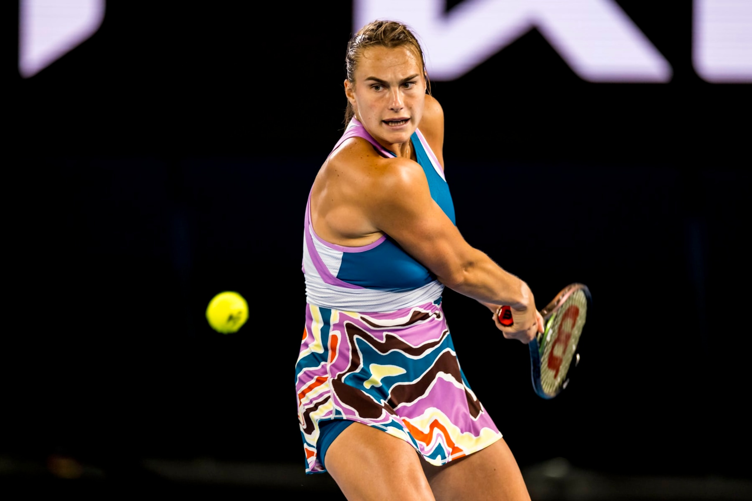 MELBOURNE, VIC - JANUARY 26: Aryna Sabalenka of Belarus in action during the Semifinals of the 2023 Australian Open on January 26 2023, at Melbourne Park in Melbourne, Australia. (Photo by Jason Heidrich/Icon Sportswire via Getty Images)