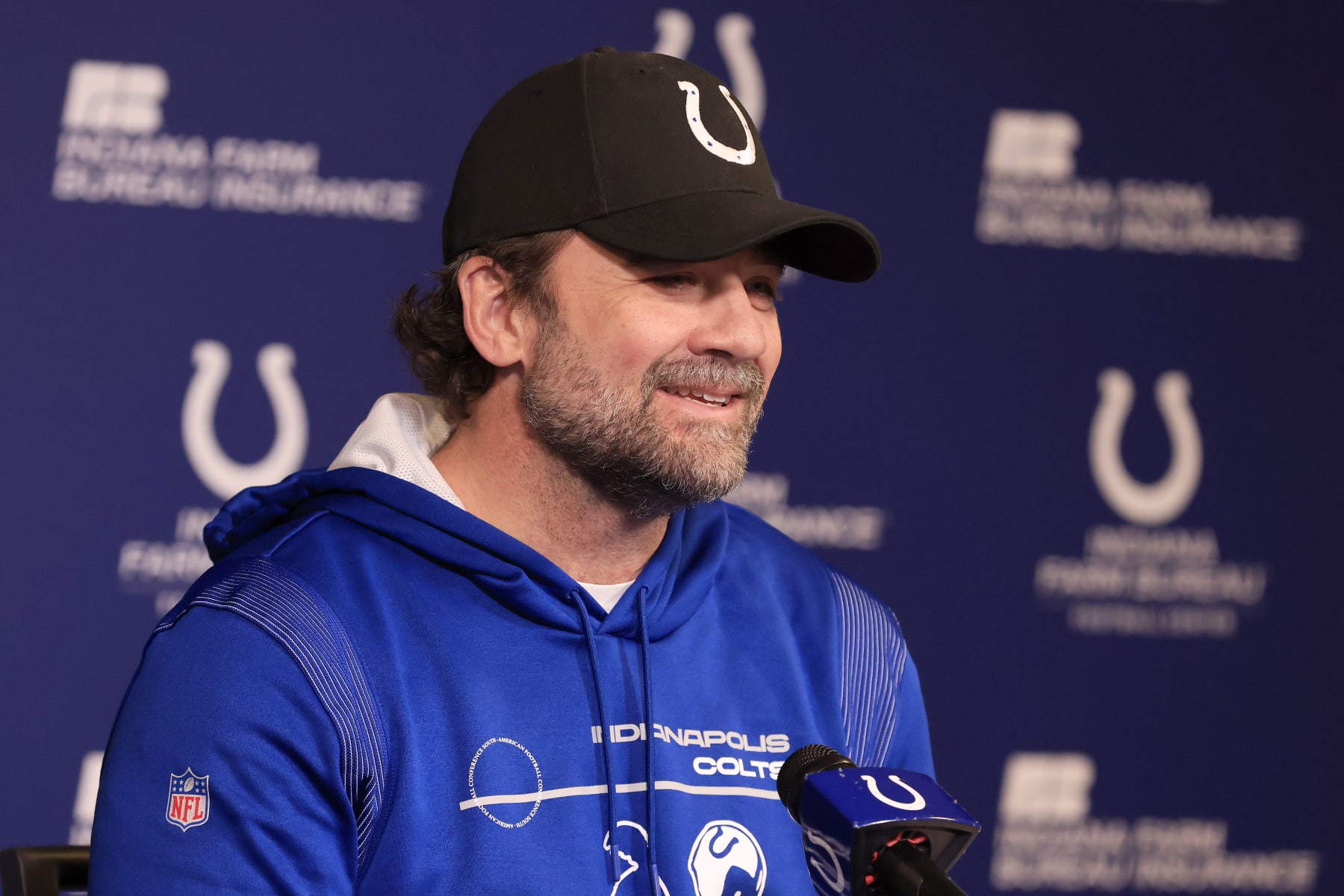 INDIANAPOLIS, INDIANA - JANUARY 09: Interim head coach Jeff Saturday of the Indianapolis Colts speaks to media at a press conference at the Indiana Farm Bureau Football Center on January 09, 2023 in Indianapolis, Indiana. (Photo by Justin Casterline/Getty Images) INDIANAPOLIS, INDIANA - JANUARY 09: Interim head coach Jeff Saturday of the Indianapolis Colts speaks to media at a press conference at the Indiana Farm Bureau Football Center on January 09, 2023 in Indianapolis, Indiana. (Photo by Justin Casterline/Getty Images)