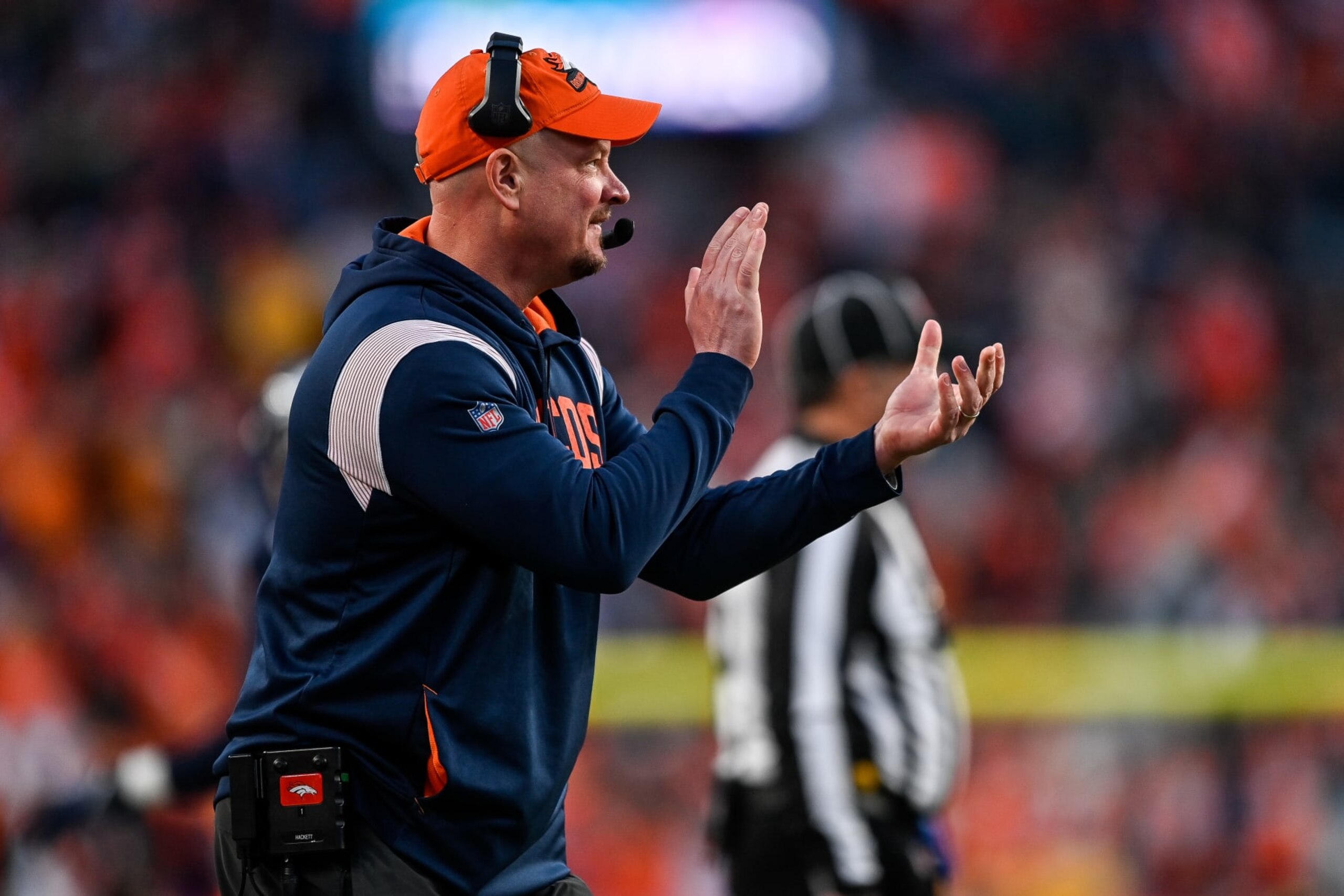 DENVER, CO - DECEMBER 11: Denver Broncos head coach Nathaniel Hackett celebrates after his defense forced a three-and-out in the third quarter during a game between the Kansas City Chiefs and the Denver Broncos at Empower Field at Mile High on December 11, 2022 in Denver, Colorado. (Photo by Dustin Bradford/Icon Sportswire via Getty Images)