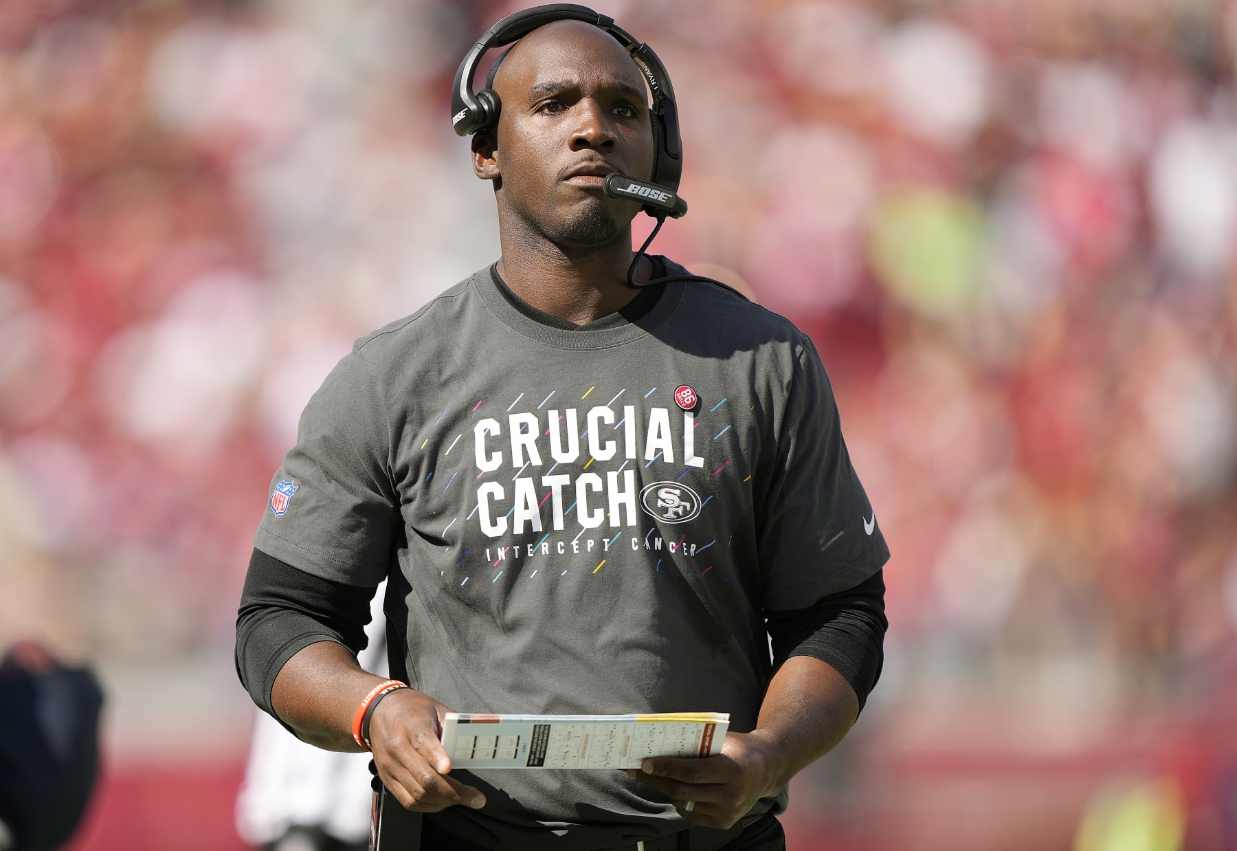 SANTA CLARA, CALIFORNIA - OCTOBER 03: Defensive Coordinator DeMeco Ryans of the San Francisco 49ers looks on from the sidelines against the Seattle Seahawks at Levi's Stadium on October 03, 2021 in Santa Clara, California. (Photo by Thearon W. Henderson/Getty Images)