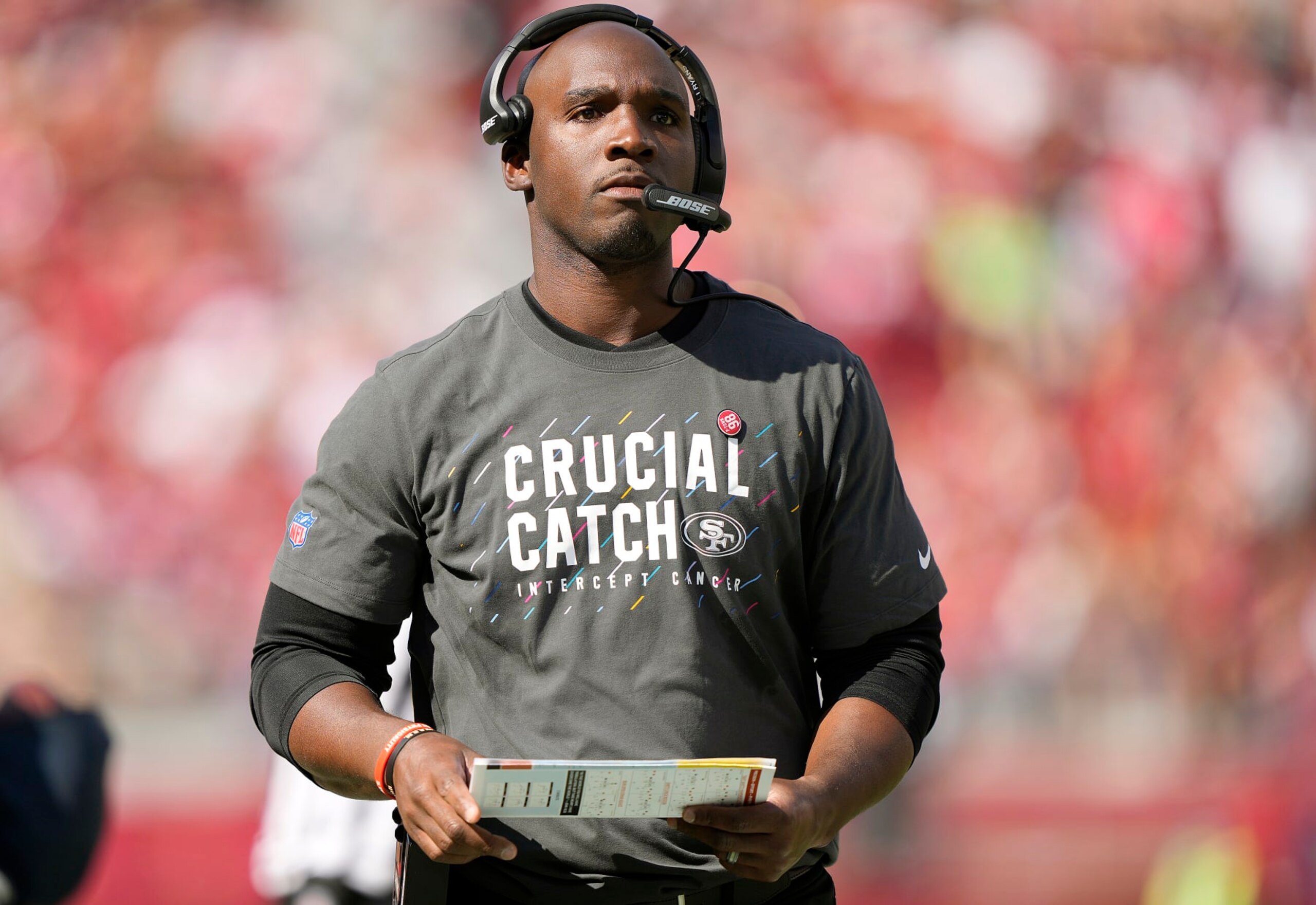 SANTA CLARA, CALIFORNIA - OCTOBER 03: Defensive Coordinator DeMeco Ryans of the San Francisco 49ers looks on from the sidelines against the Seattle Seahawks at Levi's Stadium on October 03, 2021 in Santa Clara, California. (Photo by Thearon W. Henderson/Getty Images)