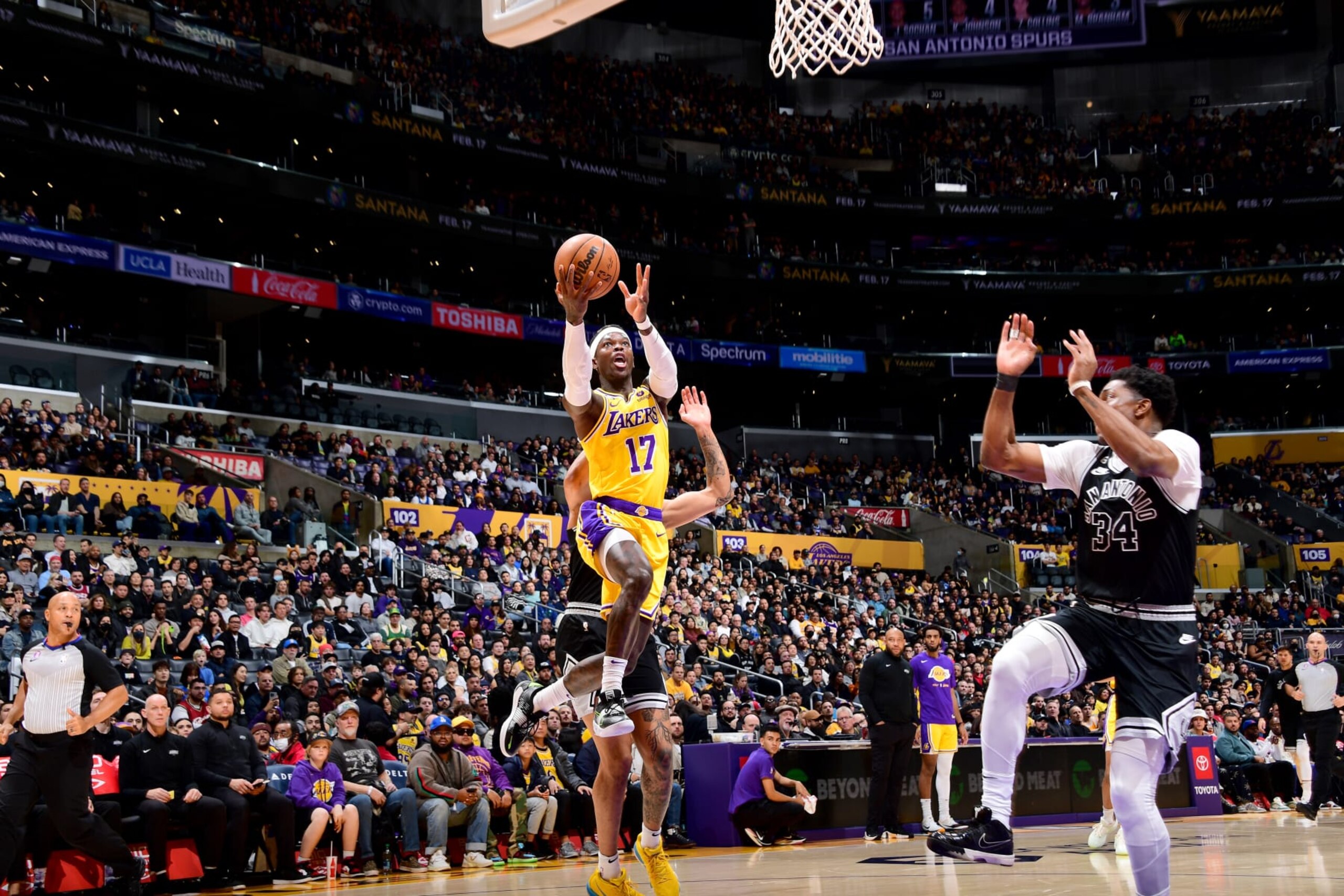 LOS ANGELES, CA - JANUARY 25: Dennis Schroder #17 of the Los Angeles Lakers drives to the basket against the San Antonio Spurs on January 25, 2023 at Crypto.Com Arena in Los Angeles, California. NOTE TO USER: User expressly acknowledges and agrees that, by downloading and/or using this Photograph, user is consenting to the terms and conditions of the Getty Images License Agreement. Mandatory Copyright Notice: Copyright 2023 NBAE (Photo by Adam Pantozzi/NBAE via Getty Images) LOS ANGELES, CA - JANUARY 25: Dennis Schroder #17 of the Los Angeles Lakers drives to the basket against the San Antonio Spurs on January 25, 2023 at Crypto.Com Arena in Los Angeles, California. NOTE TO USER: User expressly acknowledges and agrees that, by downloading and/or using this Photograph, user is consenting to the terms and conditions of the Getty Images License Agreement. Mandatory Copyright Notice: Copyright 2023 NBAE (Photo by Adam Pantozzi/NBAE via Getty Images)