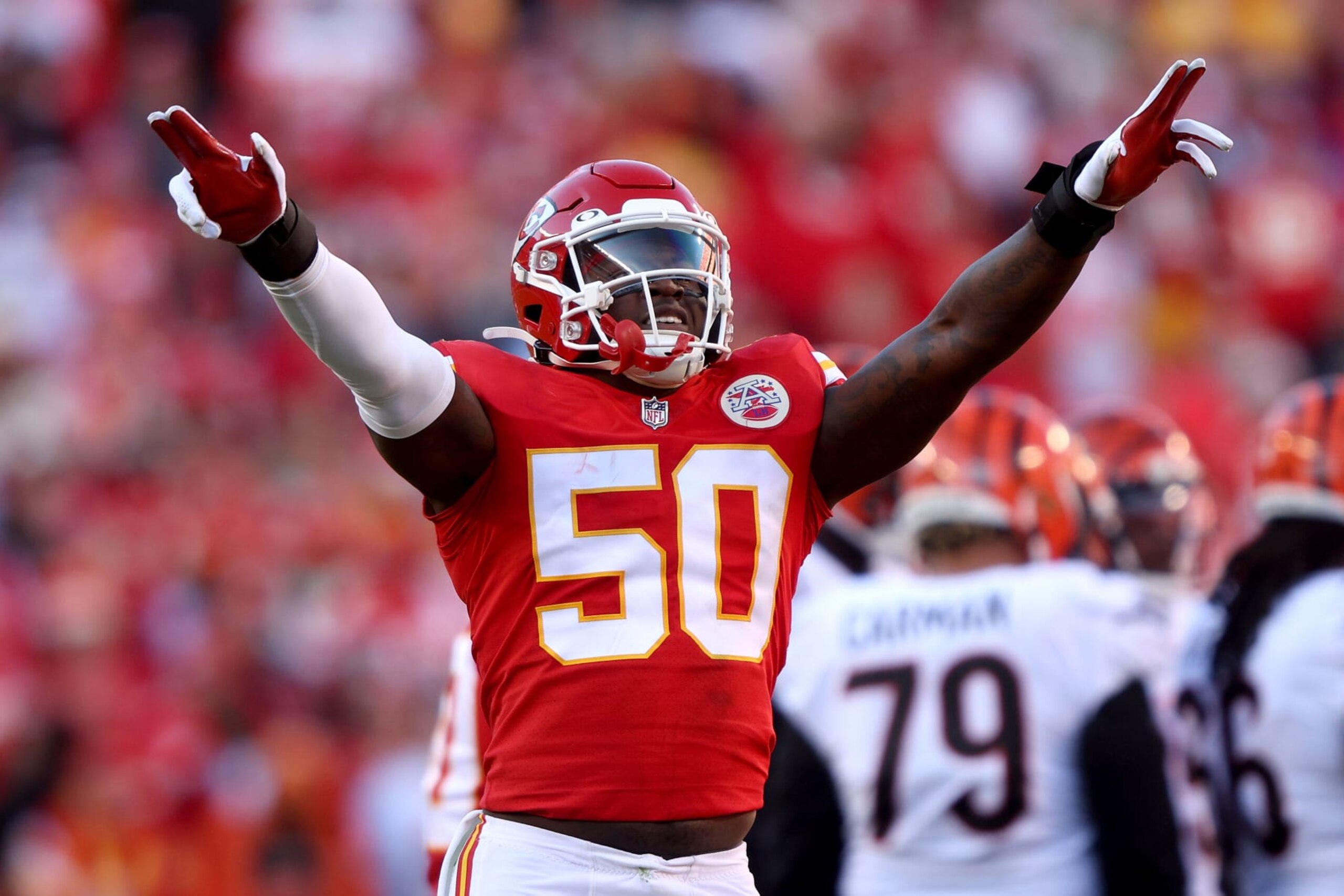 KANSAS CITY, MISSOURI - JANUARY 30: Middle linebacker Willie Gay Jr. #50 of the Kansas City Chiefs motions to the crowd in the first half against the Cincinnati Bengals in the AFC Championship Game at Arrowhead Stadium on January 30, 2022 in Kansas City, Missouri. (Photo by Jamie Squire/Getty Images) KANSAS CITY, MISSOURI - JANUARY 30: Middle linebacker Willie Gay Jr. #50 of the Kansas City Chiefs motions to the crowd in the first half against the Cincinnati Bengals in the AFC Championship Game at Arrowhead Stadium on January 30, 2022 in Kansas City, Missouri. (Photo by Jamie Squire/Getty Images)