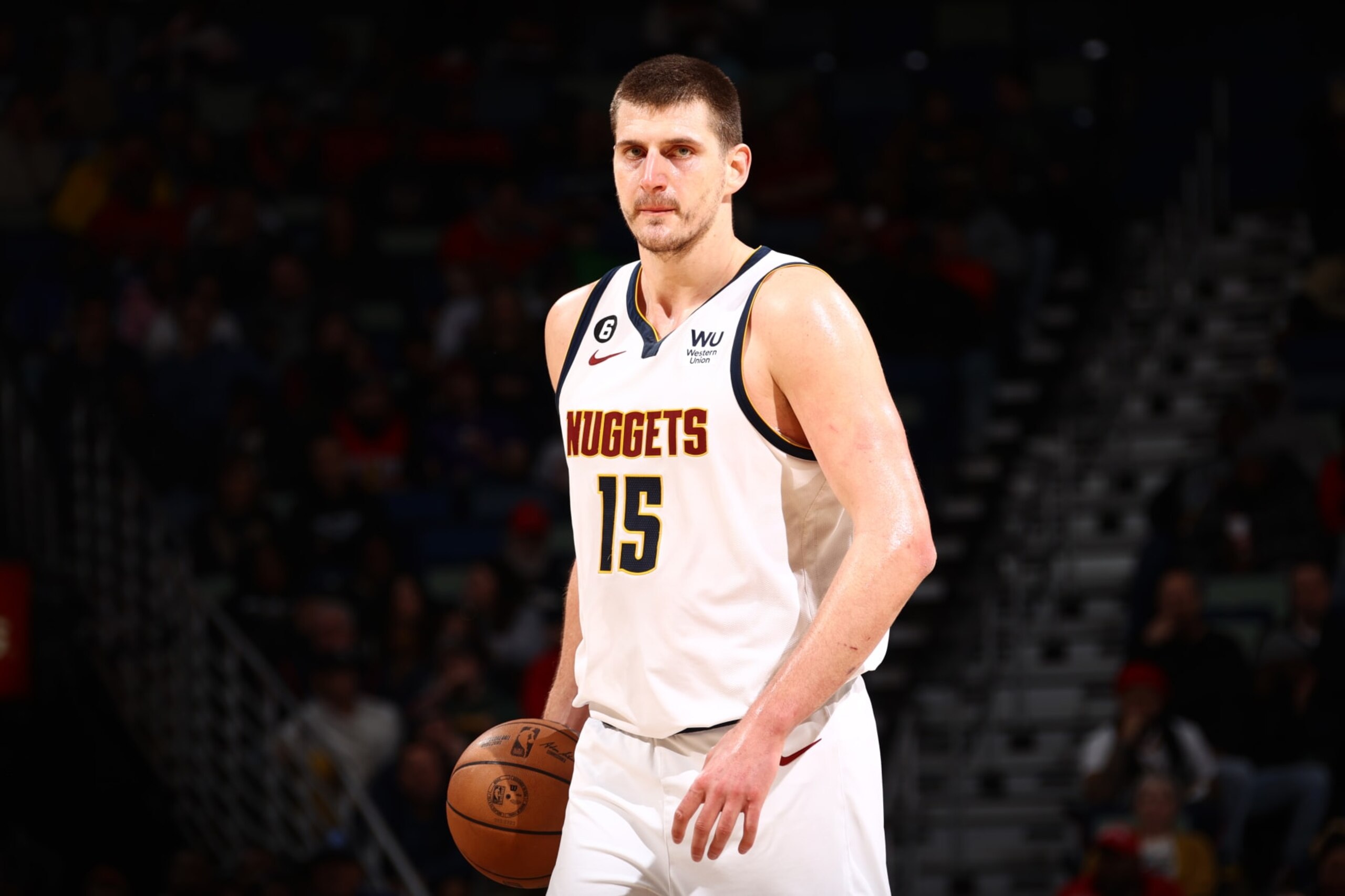 NEW ORLEANS, LA - JANUARY 24: Nikola Jokic #15 of the Denver Nuggets moves the ball during the game against the New Orleans Pelicans on January 24, 2023 at the Smoothie King Center in New Orleans, Louisiana. NOTE TO USER: User expressly acknowledges and agrees that, by downloading and or using this Photograph, user is consenting to the terms and conditions of the Getty Images License Agreement. Mandatory Copyright Notice: Copyright 2023 NBAE (Photo by Ned Dishman/NBAE via Getty Images) NEW ORLEANS, LA - JANUARY 24: Nikola Jokic #15 of the Denver Nuggets moves the ball during the game against the New Orleans Pelicans on January 24, 2023 at the Smoothie King Center in New Orleans, Louisiana. NOTE TO USER: User expressly acknowledges and agrees that, by downloading and or using this Photograph, user is consenting to the terms and conditions of the Getty Images License Agreement. Mandatory Copyright Notice: Copyright 2023 NBAE (Photo by Ned Dishman/NBAE via Getty Images)