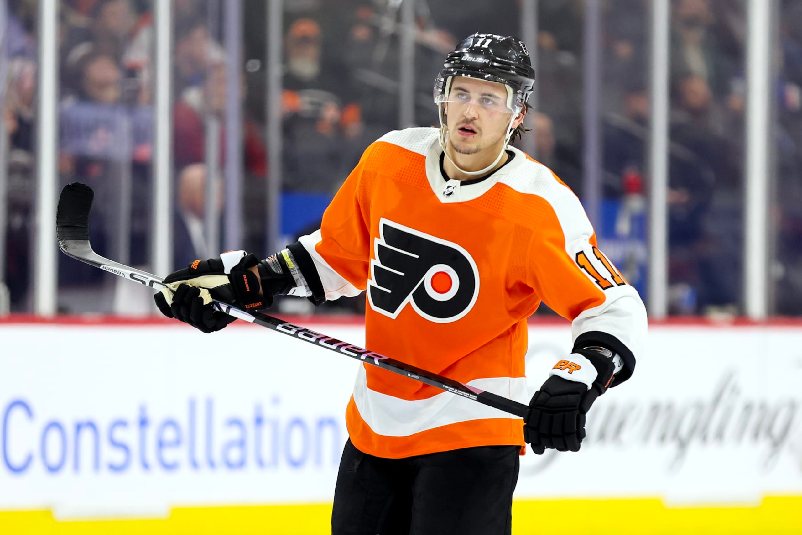 PHILADELPHIA, PENNSYLVANIA - JANUARY 24: Travis Konecny #11 of the Philadelphia Flyers looks on against the Los Angeles Kings at Wells Fargo Center on January 24, 2023 in Philadelphia, Pennsylvania. (Photo by Tim Nwachukwu/Getty Images )