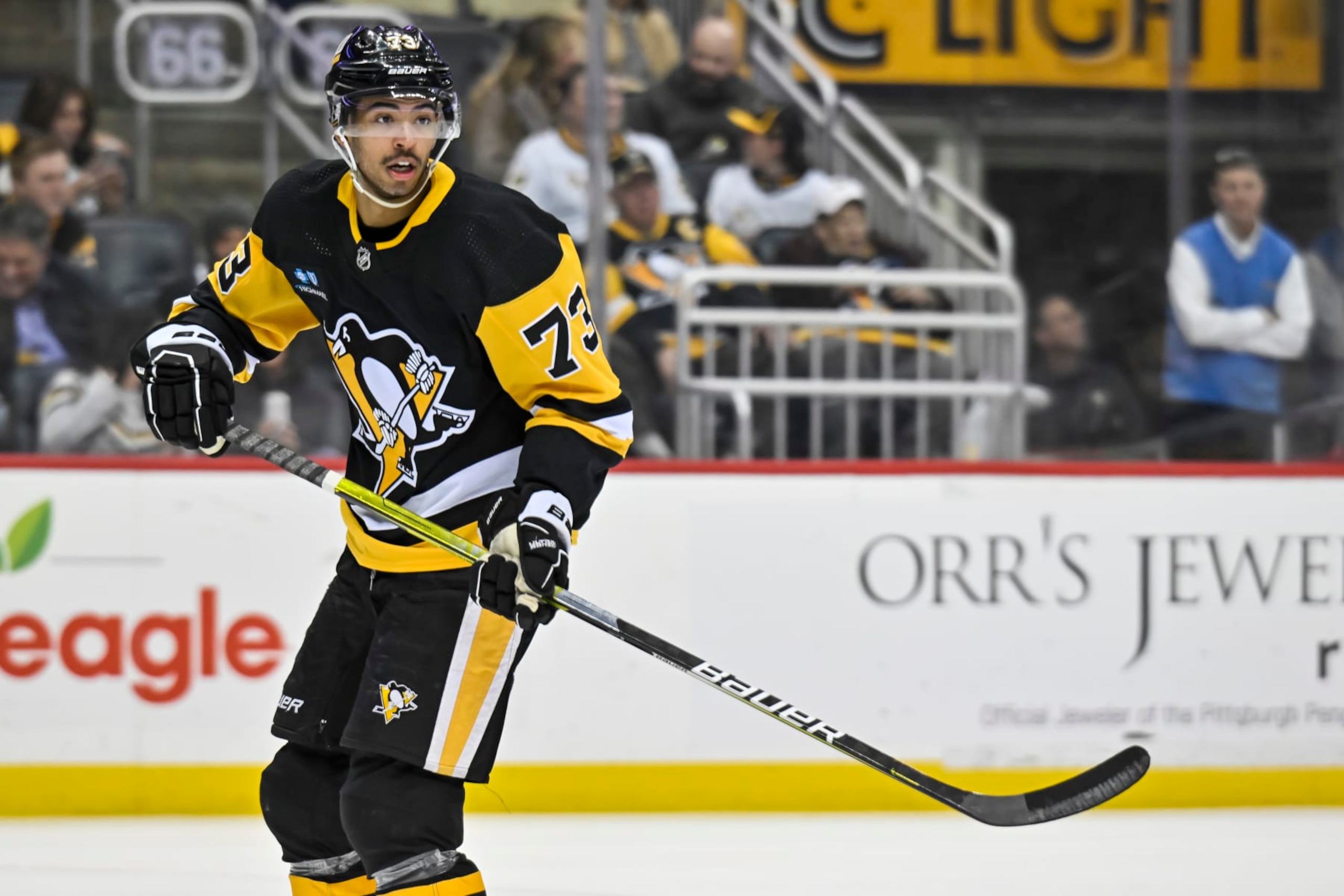 PITTSBURGH, PA - JANUARY 13: Pittsburgh Penguins Defenseman Pierre-Olivier Joseph (73) looks on during third period in the NHL game between the Pittsburgh Penguins and the Winnipeg Jets on January 13, 2023, at PPG Paints Arena in Pittsburgh, PA. (Photo by Jeanine Leech/Icon Sportswire via Getty Images)