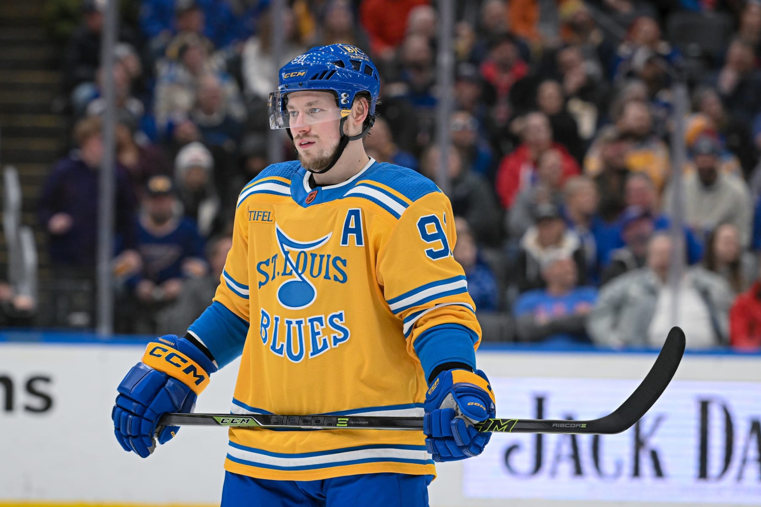 ST. LOUIS, MO - JANUARY 24: St. Louis Blues right wing Vladimir Tarasenko (91) during a game between the Buffalo Sabres and the St. Louis Blues on January 24 2023, at the Enterprise Center in St. Louis MO (Photo by Rick Ulreich/Icon Sportswire via Getty Images)