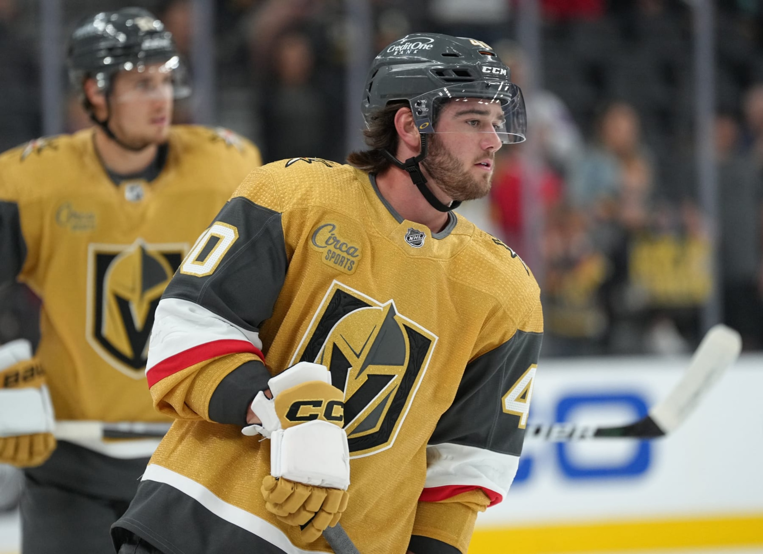 LAS VEGAS, NEVADA - SEPTEMBER 28: Lukas Cormier #40 of the Vegas Golden Knights warms up prior to a preseason game against the Colorado Avalanche at T-Mobile Arena on September 28, 2022 in Las Vegas, Nevada. (Photo by Jeff Bottari/NHLI via Getty Images)