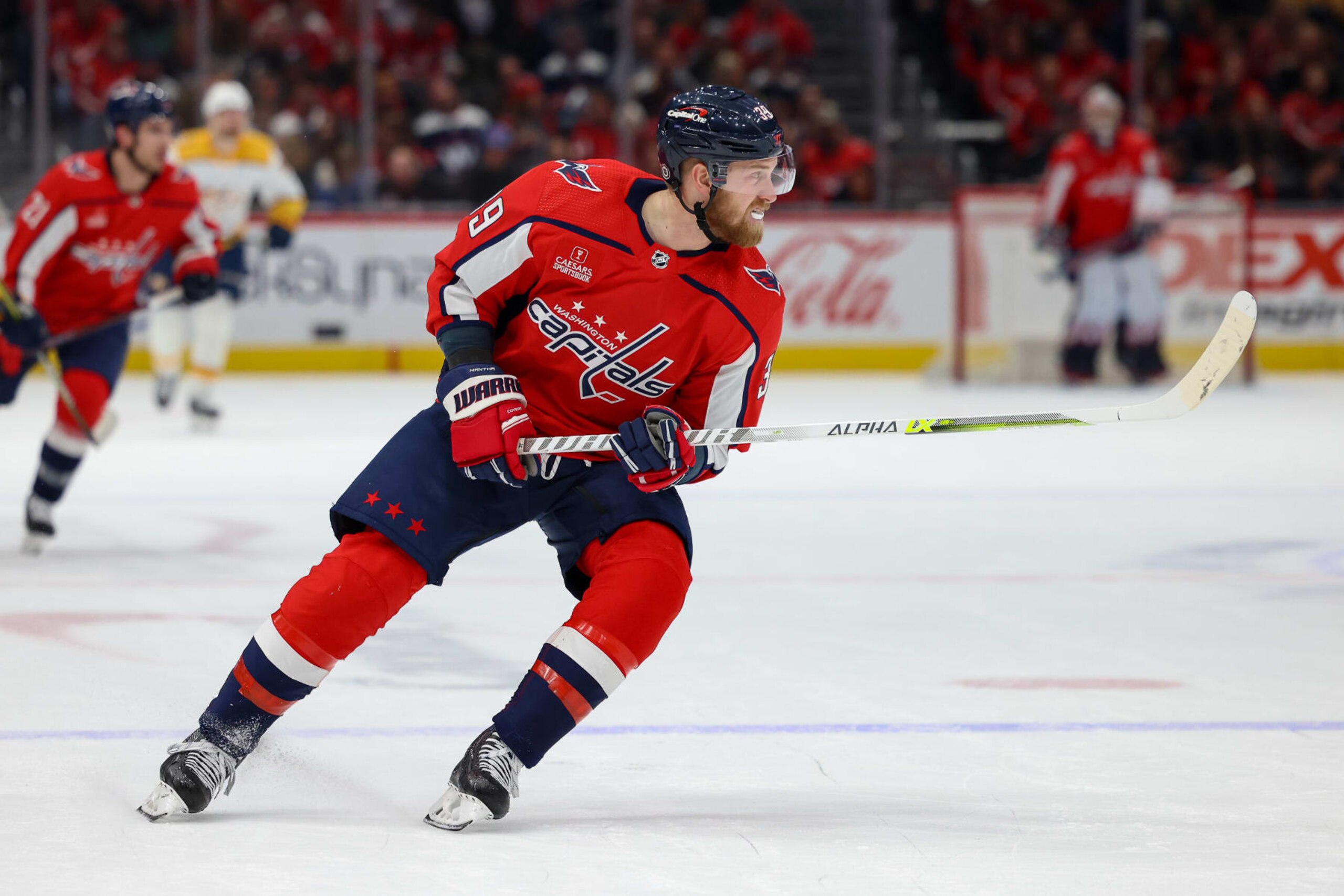 WASHINGTON, DC - JANUARY 6: Anthony Mantha #39 of the Washington Capitals skates towards the puck carrier during a game against the Nashville Predators at Capital One Arena on January 6, 2023 in Washington, D.C. (Photo by John McCreary/NHLI via Getty Images)
