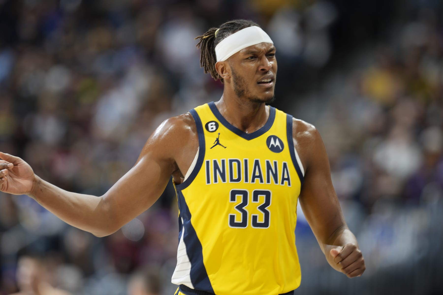 Indiana Pacers center Myles Turner (33) in the first half of an NBA basketball game Friday, Jan. 20, 2023, in Denver. (AP Photo/David Zalubowski)