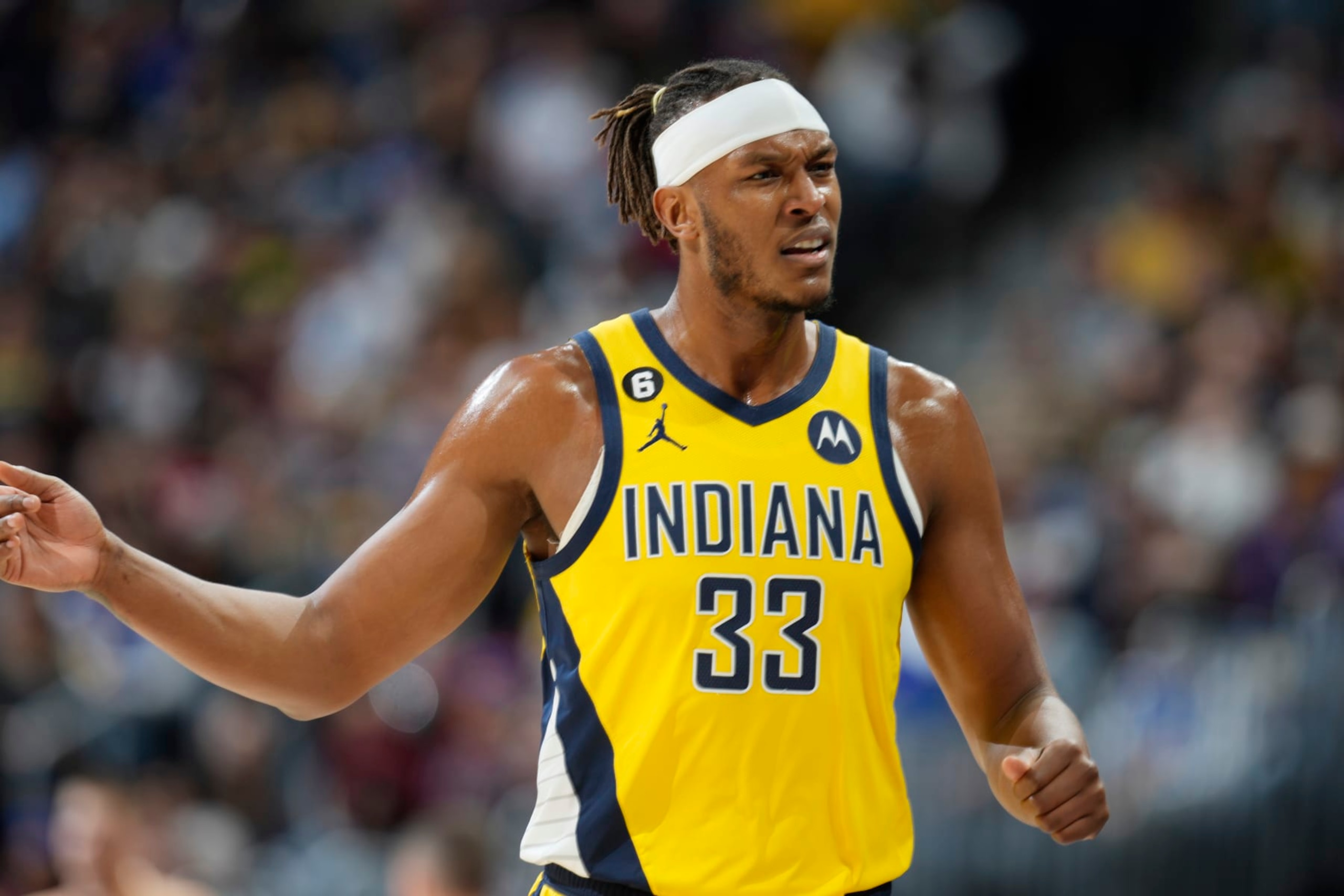 Indiana Pacers center Myles Turner (33) in the first half of an NBA basketball game Friday, Jan. 20, 2023, in Denver. (AP Photo/David Zalubowski) Indiana Pacers center Myles Turner (33) in the first half of an NBA basketball game Friday, Jan. 20, 2023, in Denver. (AP Photo/David Zalubowski)